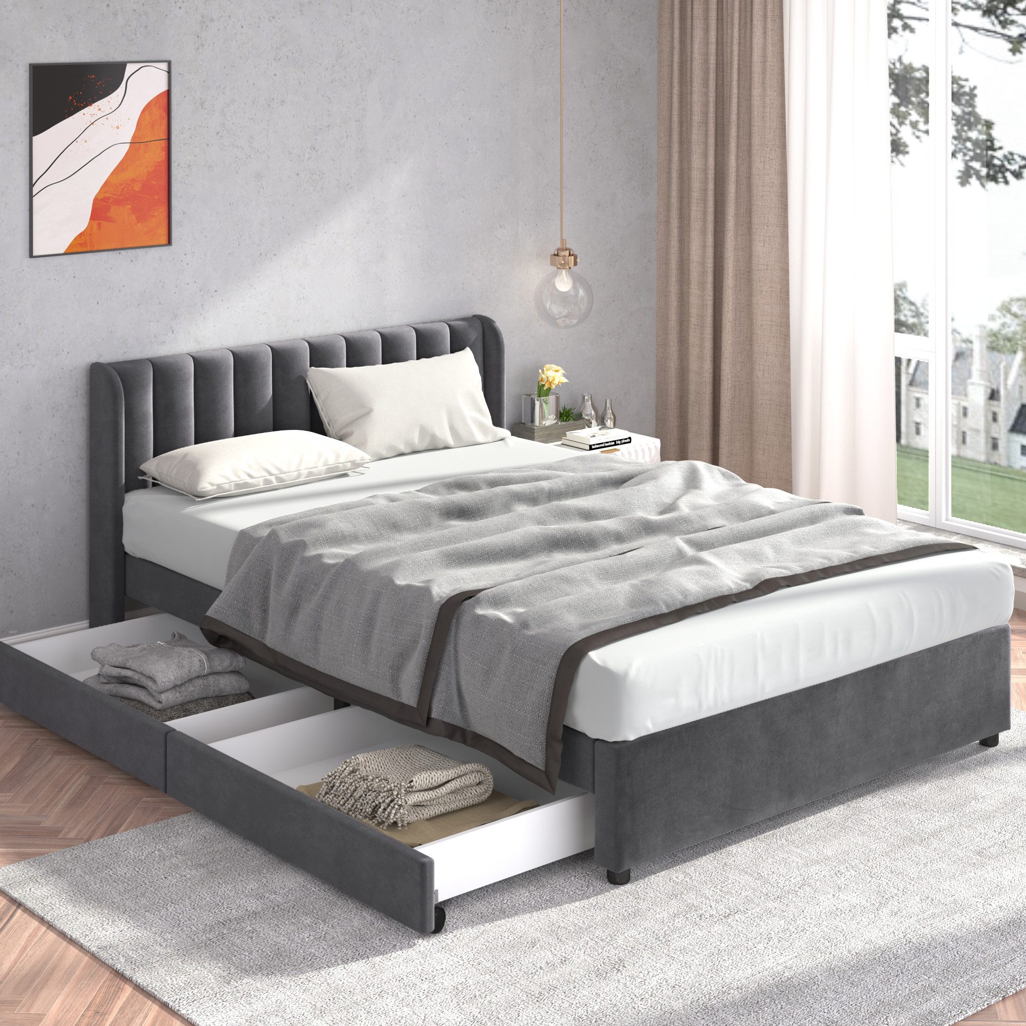 MODFU Polsterbett Stauraumbett mit Kopfteil und 2 Schubladen (140 x 200 cm), Schlichter und stilvoller Samt-Look
