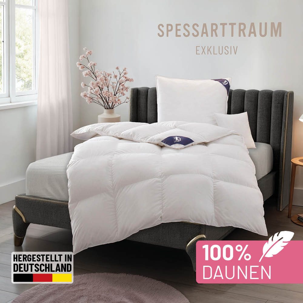SPESSARTTRAUM Daunenbettdecke Exklusiv, Bettdecken für Sommer und Winter, Decke, Füllung: 100% Daunen, Klasse 1, Downpass zertifiziert, Bezug: 100% Baumwolle, Made in Green, Hausstauballergiker geeignet, 5 Wärmeklassen & 8 Größen, Bestseller