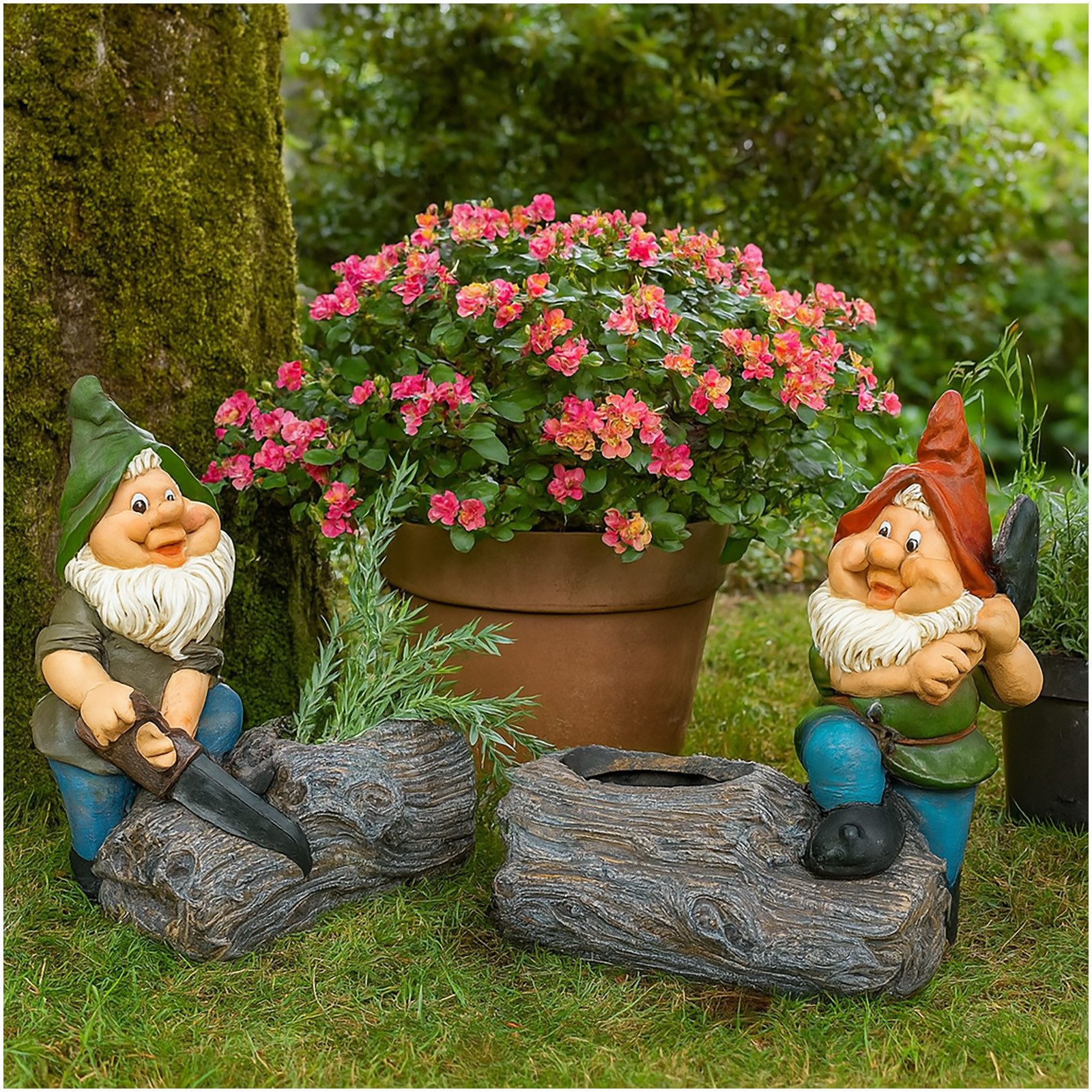 formano Gartenfigur Gartenfigur Zwerg mit Pflanztopf 2er Set, (Set, 2 St., 2 Zwerge in verschiedenen Ausführungen), Pflanzgefäß Gartendekoration