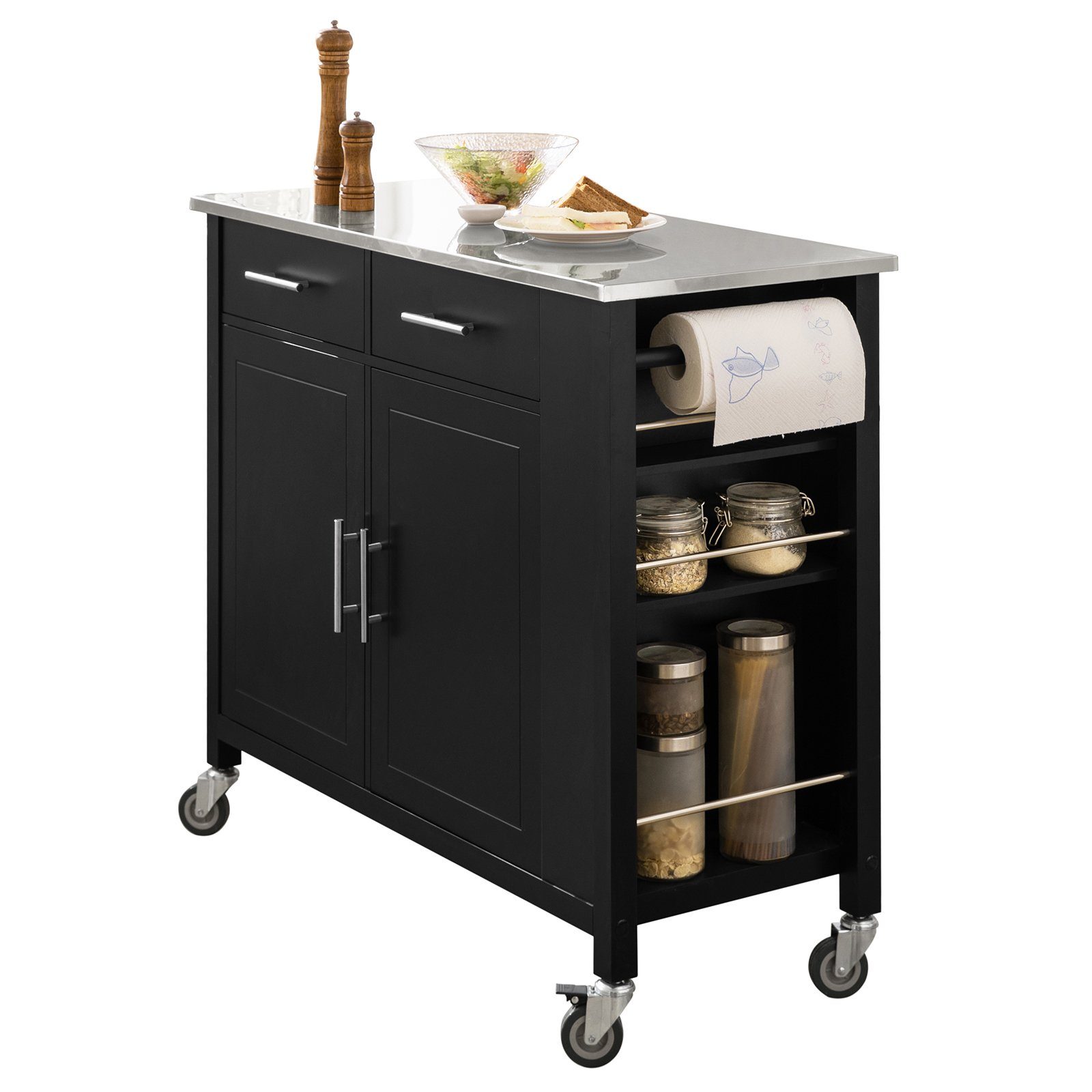 Küchenschrank schwarz Kücheninsel mit Seitenregal mit Küchenwagen Edelstahlplatte SoBuy FKW108,