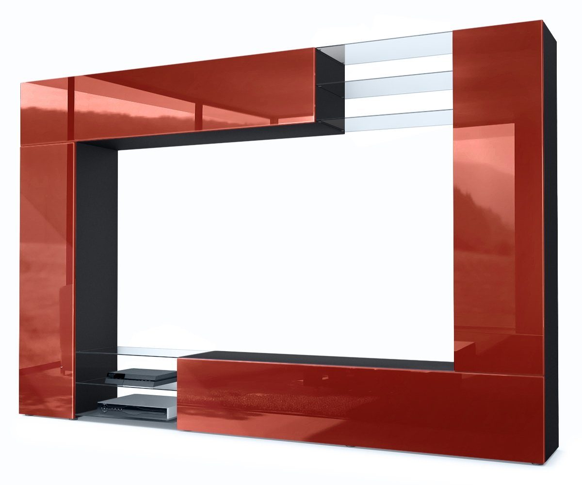 Vladon Wohnwand Mirage, (Anbauwand mit Rückwand mit 2 Türen, 4-St., 2 Klappen und 6 offenen Glasablagen), Schwarz matt/Bordeaux Hochglanz (262 x 183 x 39 cm) Front in Bordeaux Hochglanz