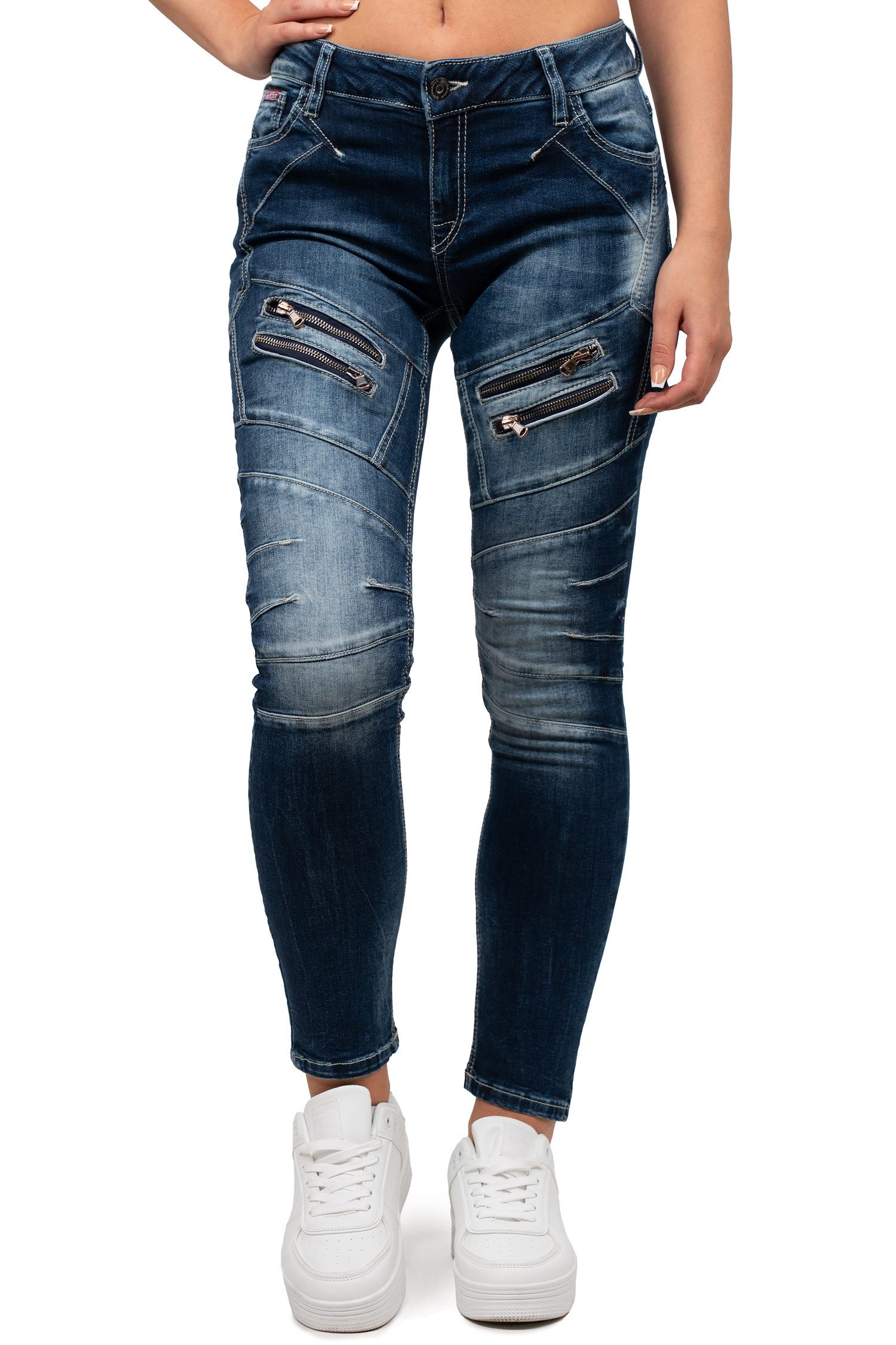 Cipo & Baxx Slim-fit-Jeans Damen Slim Fit Biker Hose Stonewashed BA-WD501 Camouflage Muster mit Aufgesetzten Reißverschlüssen