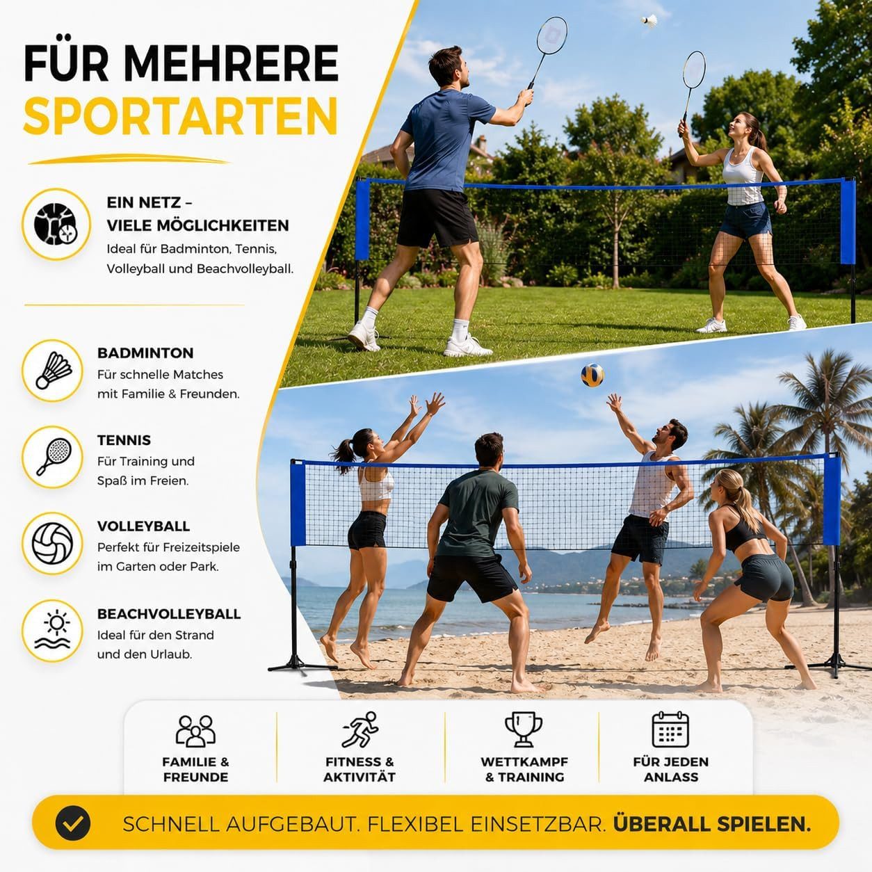 Athlejoy Badmintonnetz Badmintonnetz 3,1 m Tragetasche – Faltbares Netz höhenverstellbar (1-St)