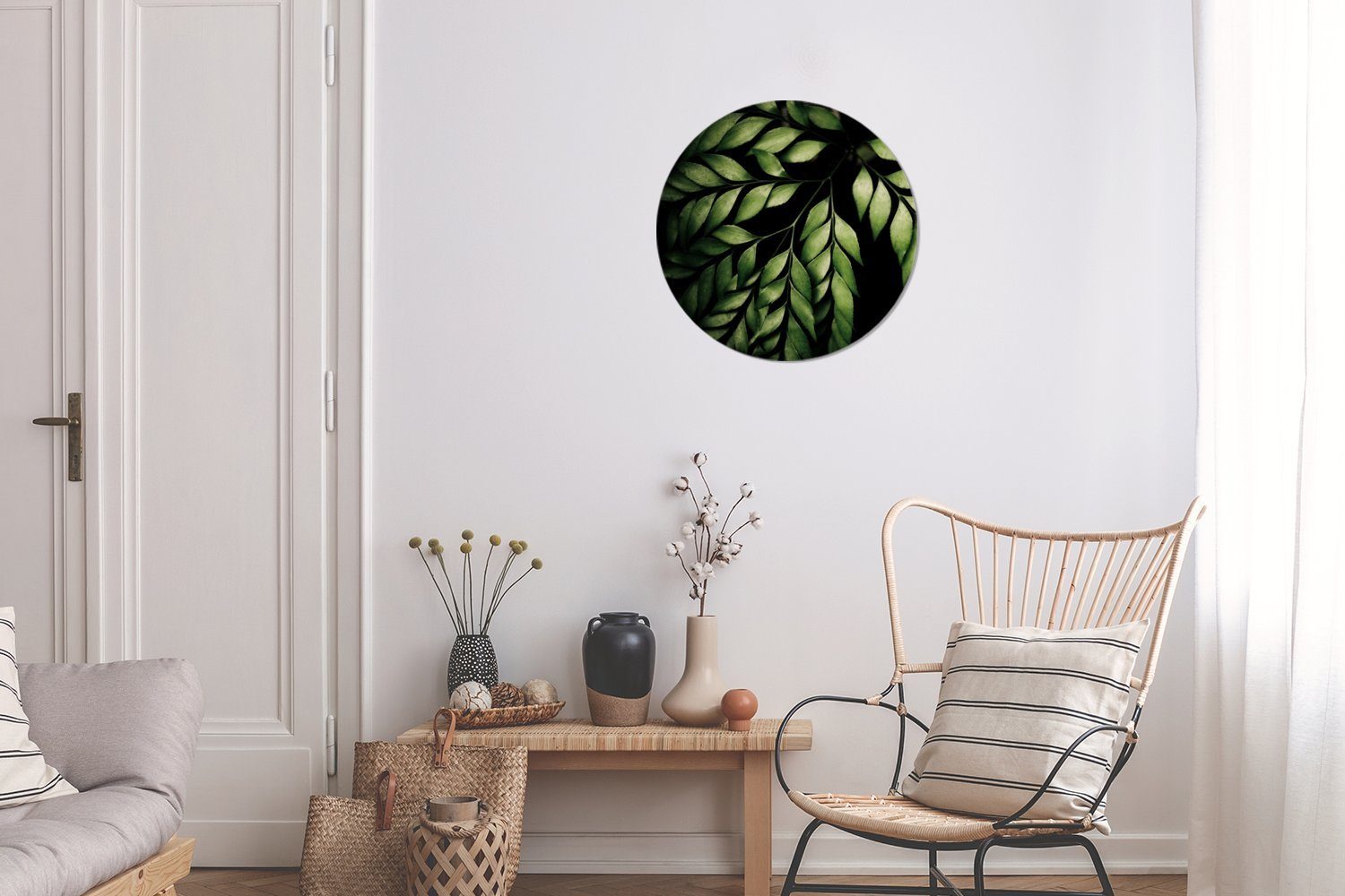 Zweige Forex, Wandbild, 30x30 schwarzen Kreis cm einem (1 Farns Gemälde Rundes St), Hintergrund, MuchoWow vor Die Wanddekoration eines Wohnzimmer,