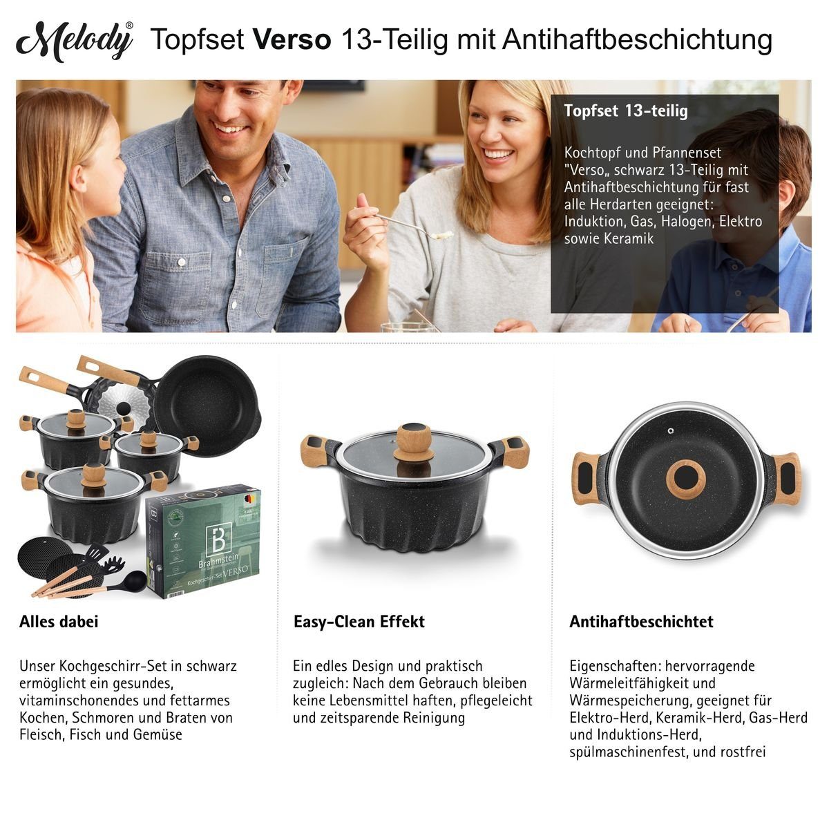 Melody Topf-Set Topfset Aluguss, Aluminium (Set, 3 Töpfe, 2 Pfannen, 3 Deckel, 2 Untersetzer, 3x Kochbesteck)