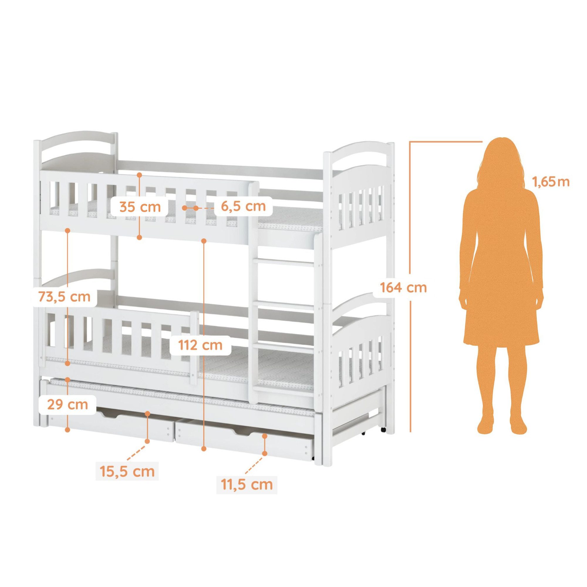 Kids Collective Etagenbett Hochbett Stockbett Kinderbett 90x200 cm mit Ausziehbett und Schubladen, Umbaubar zu 3 Einzelbetten mit Lattenrosten & Rausfallschutz, weiß