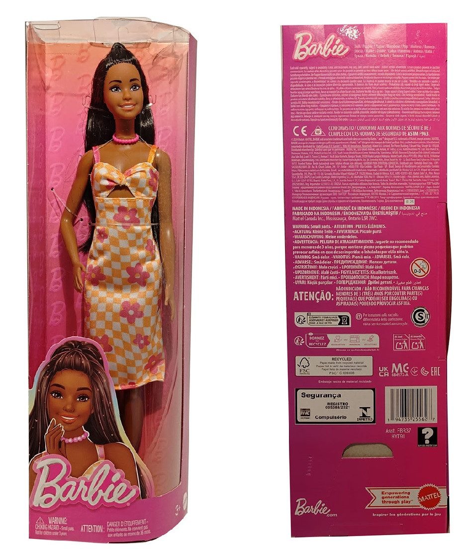 Barbie Stehpuppe Barbie Fashionistas-Puppe, braune Haare, Midi-Karokleid, Sandalen