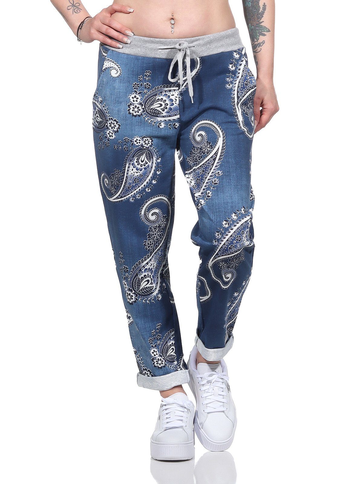 Aurela Damenmode Jogger Pants Freizeithose leichte Damen Haushose in moderner Jeansoptik mit elastischem Bund und Schnürung Jeansoptik dunkelblau