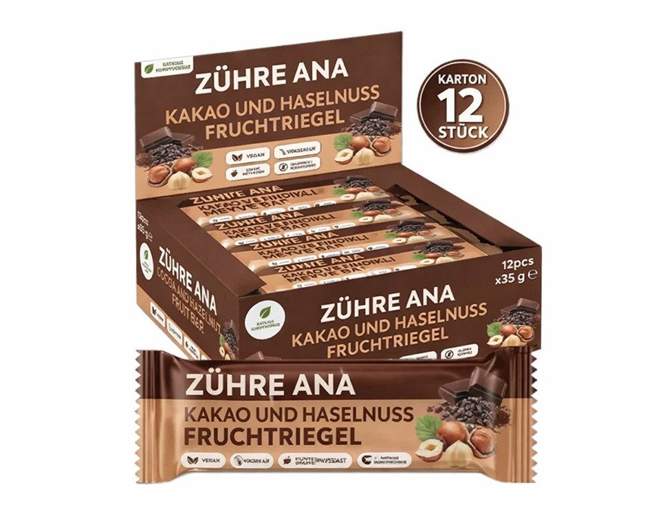 Zühre Ana® Riegel Kakao Haselnuss Fruchtriegel 12x – Vegan, Glutenfrei, Zuckerfrei, 420 g, Leckerer Snack, 35gr x 12 Stück