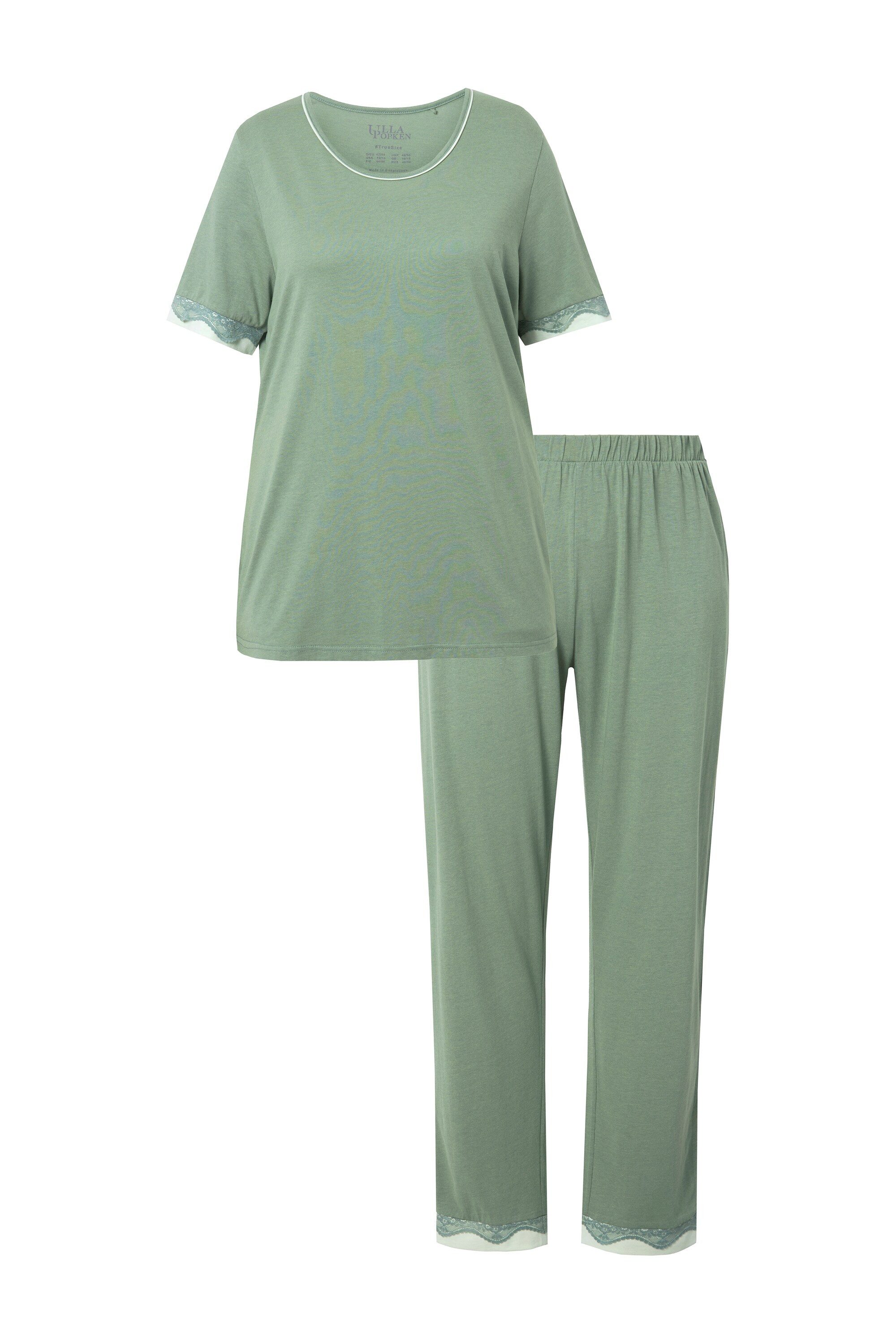 Ulla Popken Pyjama Schlafanzug Spitzenkanten Rundhals günstig online kaufen