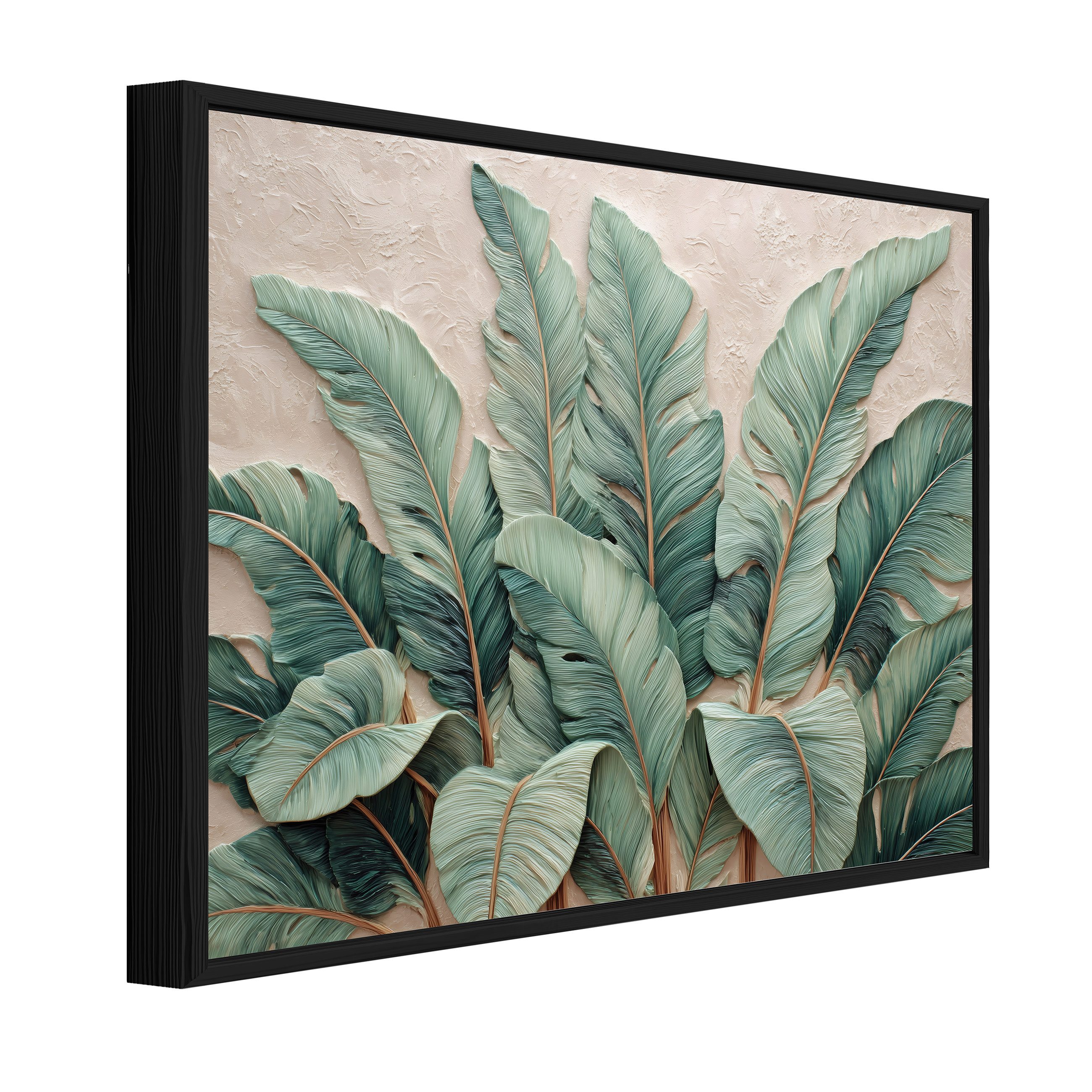 Wallarena Leinwandbild Blätter Grün Weiß Natur Modern Wandbilder Wand Deko XXL Bilder, Blätter (groß Bilder Wohnzimmer Schlafzimmer Einteilig, 1 St), Bilder XXL Mit Schwarz Rahmen Wohnzimmer Schlafzimmer 120x80