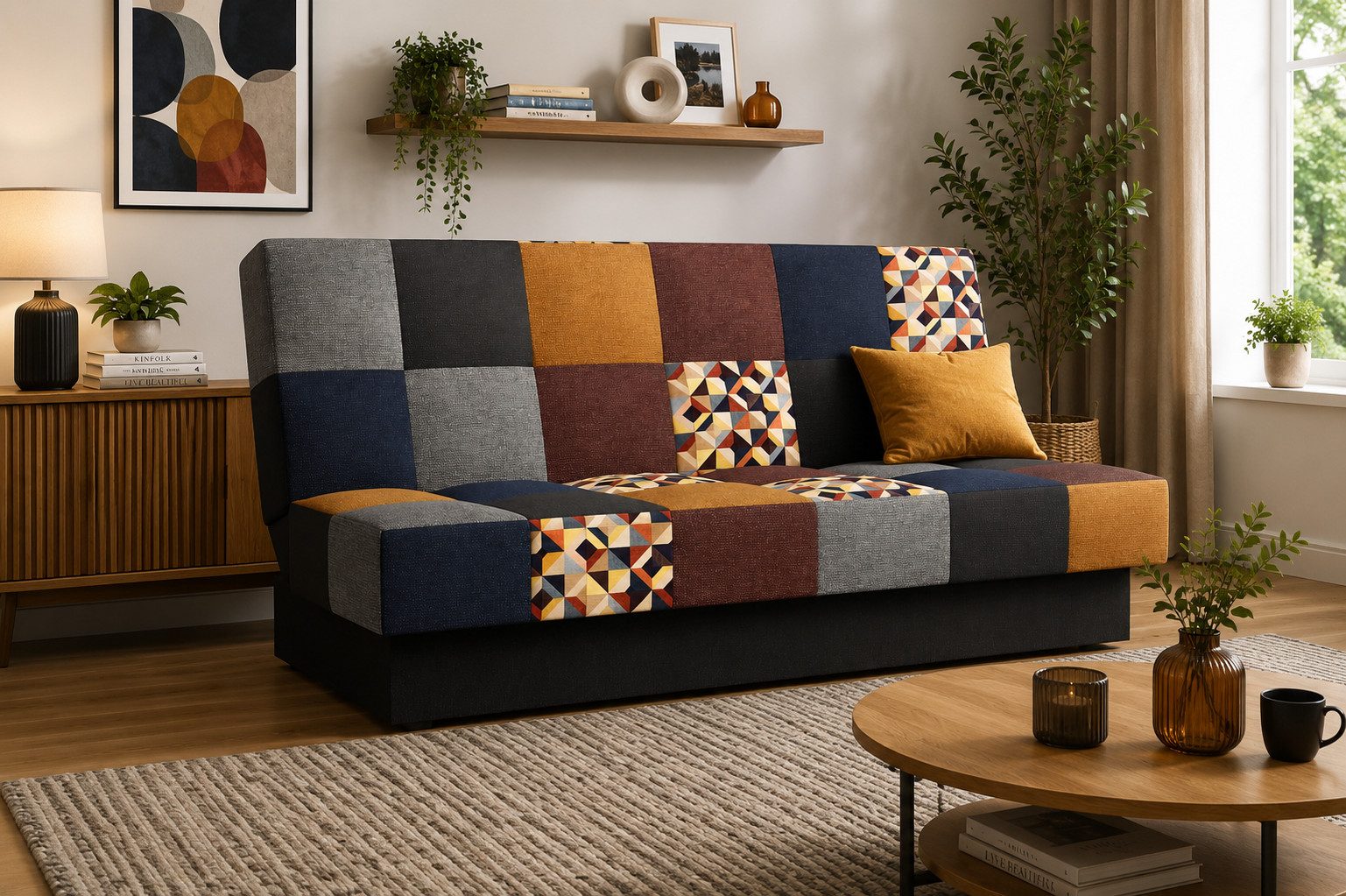 MOEBLO Schlafsofa CYPRUS Patchwork, – Sofa Kippsofa Klappsofa Click-Clack Couch für Wohnzimmer Federkern Sofagarnitur Polstersofa, mit Bettkasten und Schlaffunktion (BxHxT): 192x85x92 cm