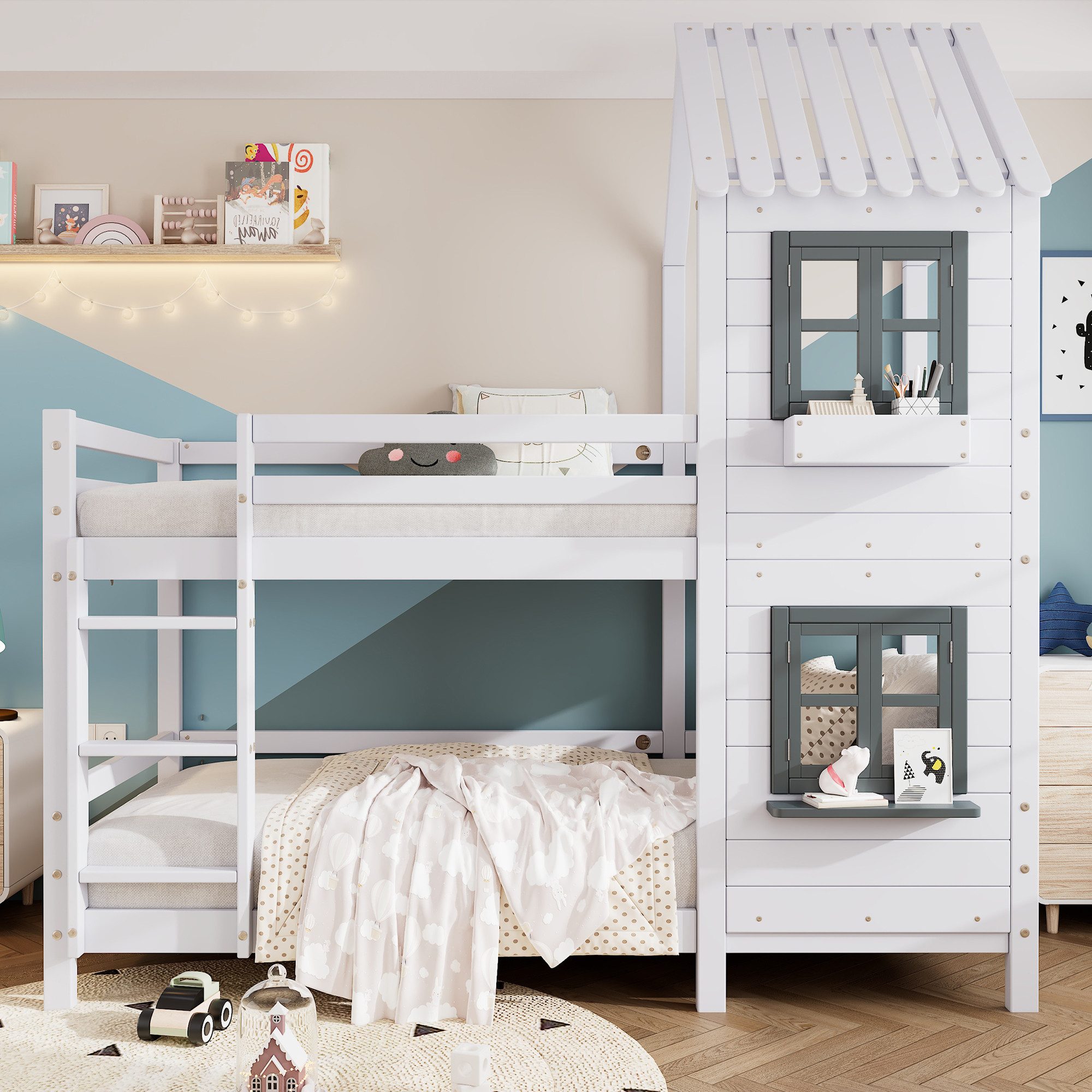 Flieks Etagenbett, Hausbett mit Fallschutz Leiter Kinderbett Kiefer 90x200c günstig online kaufen