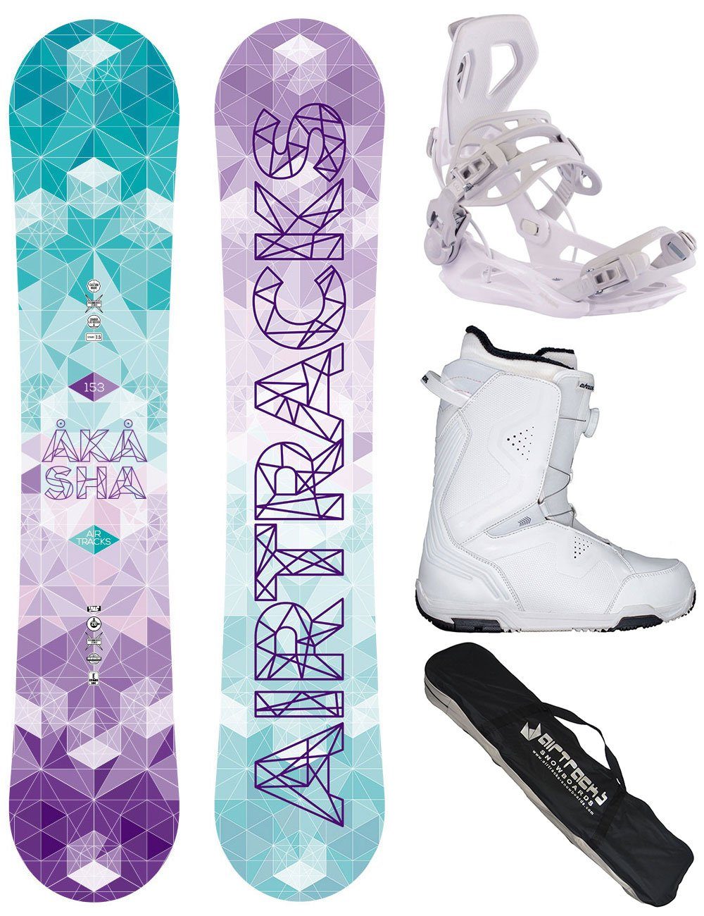 Airtracks Snowboard Damen Snowboard Set Akasha Zero Rocker »Mod. 22/23 (Damen Snowboard Set Akasha+Bindung Master W+Boots+Bag, 4er-Pack)