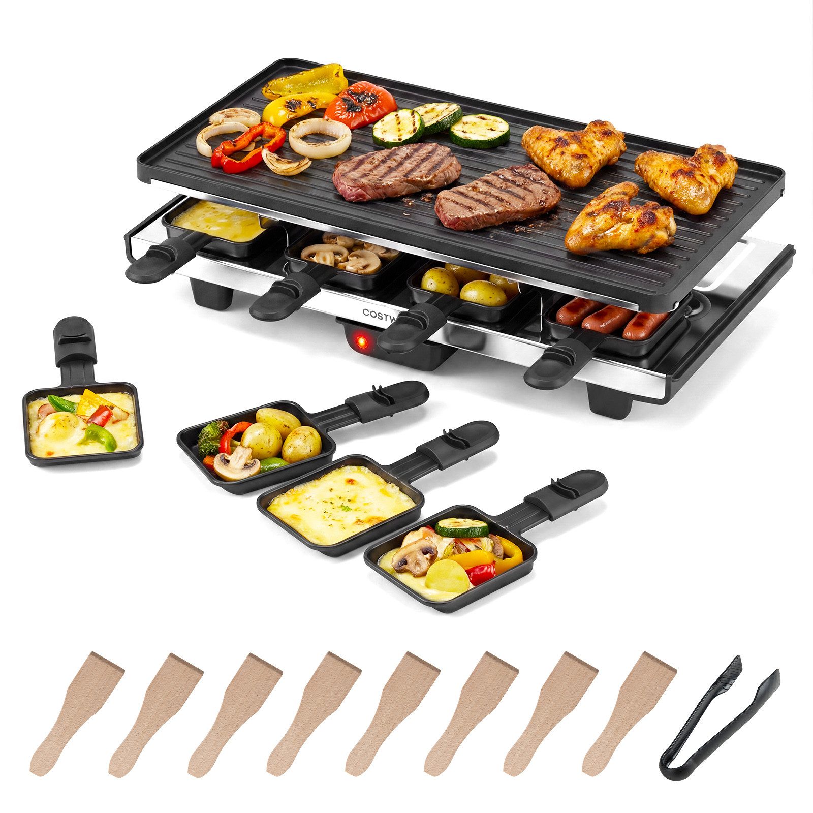 COSTWAY Raclette, 8 Raclettepfännchen, 1400 W, wendbarer Antihaft-Grillplatte