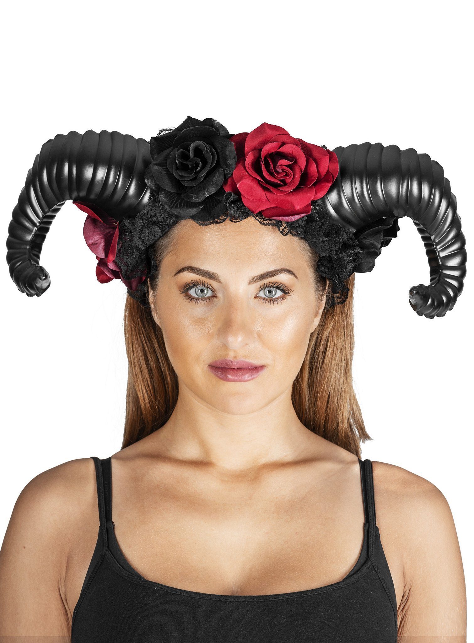 Metamorph Kostüm Schwarzer Widder Haarreif, Kopfschmuck mit Kunststoffhörnern und zwei Rosen