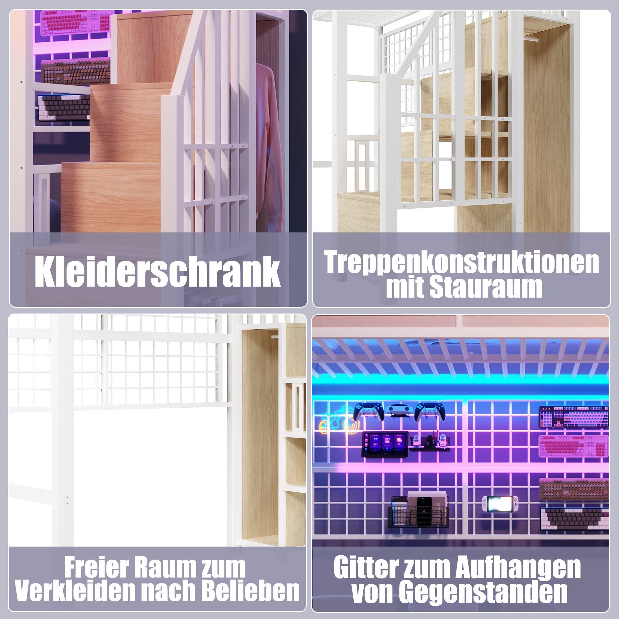 Flieks Hochbett Metallbett Einzelbett 90x200cm mit Led, Kleiderstange, Stauraumfächer – Bild 5 von 5