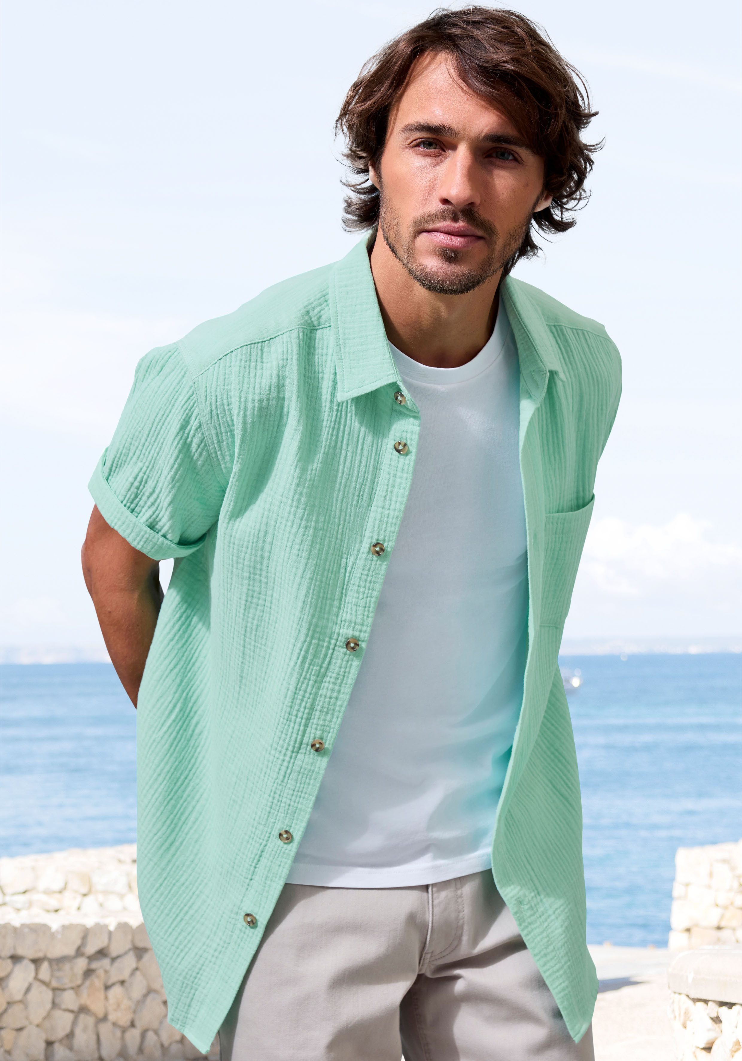 Beachtime Kurzarmhemd Regular fit Kurzarm, Freizeithemd aus Musselin-Ware