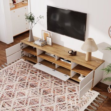 Ulife TV-Schrank Lowboard Fächern und Türen im natürlichen Landhausstil Wohnzimmermöbel in Weiß und Holzfarben