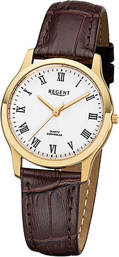 Regent Quarzuhr Regent Leder Damen Uhr F-1074 Quarzuhr, Damenuhr Lederarmband braun, rundes Gehäuse, klein (ca. 30mm)