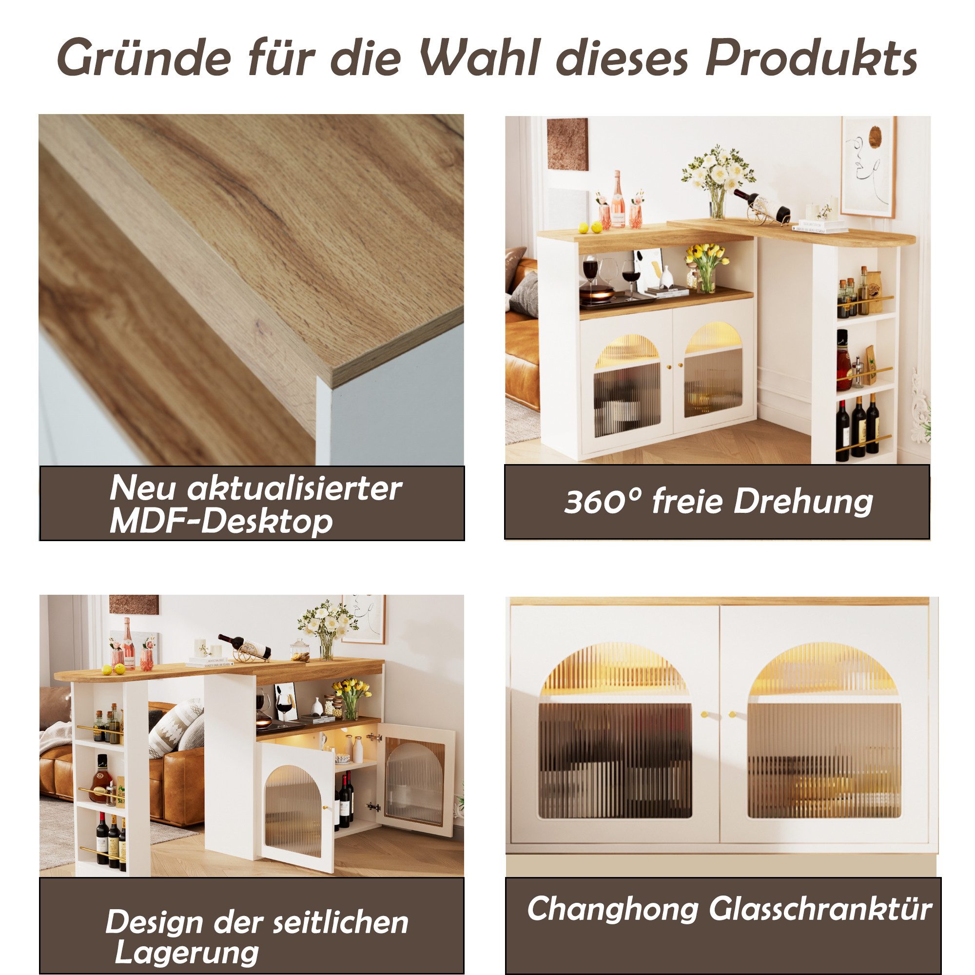 STILVORA Bartisch mit LED&Glasfront,Küchentisch Kücheninsel drehbar mit Regalen (Bunte LED-Lichtleisten Freie 360-Grad-Drehung, 1-St), mit Stauraum, für Esszimmer und Wohnzimmer