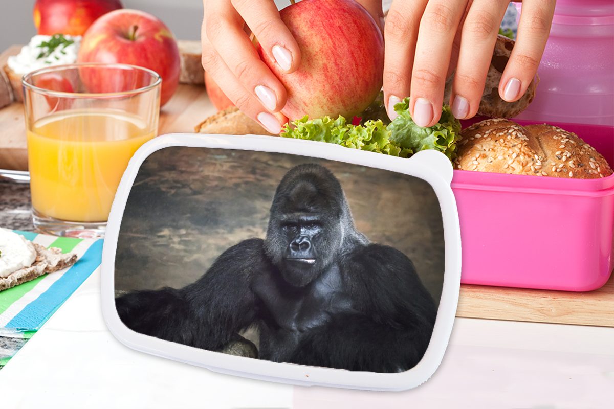 Erwachsene, schwarzen Kunststoff Porträtbild Snackbox, Kunststoff, Gorillas, Kinder, Brotbox Brotdose MuchoWow eines rosa für Mädchen, (2-tlg), Lunchbox