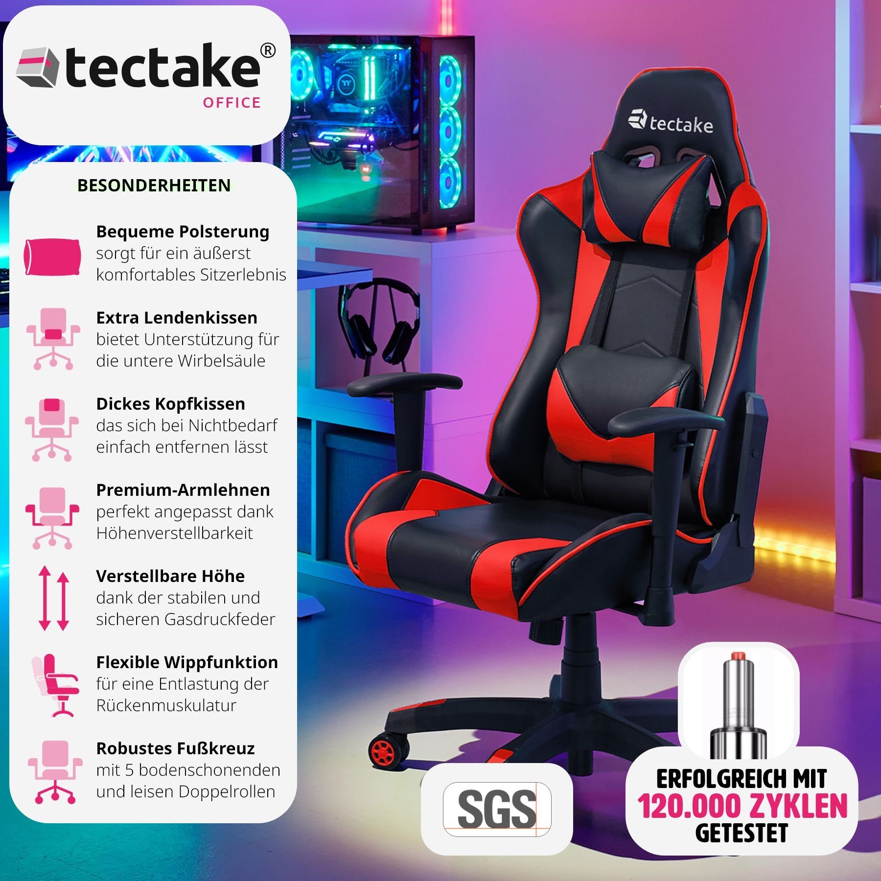 1 schwarz/rot St), tectake Kopf- Lendenkissen Gaming-Stuhl Twink und (1er,