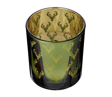 EDZARD Windlicht Dirk (2er, Set), Kerzenglas-Set für Teelichter mit Hirsch-Motiv in Gold-Optik, Teelichthalter-Set für Teelichter, Höhe 8 cm, Ø 7 cm