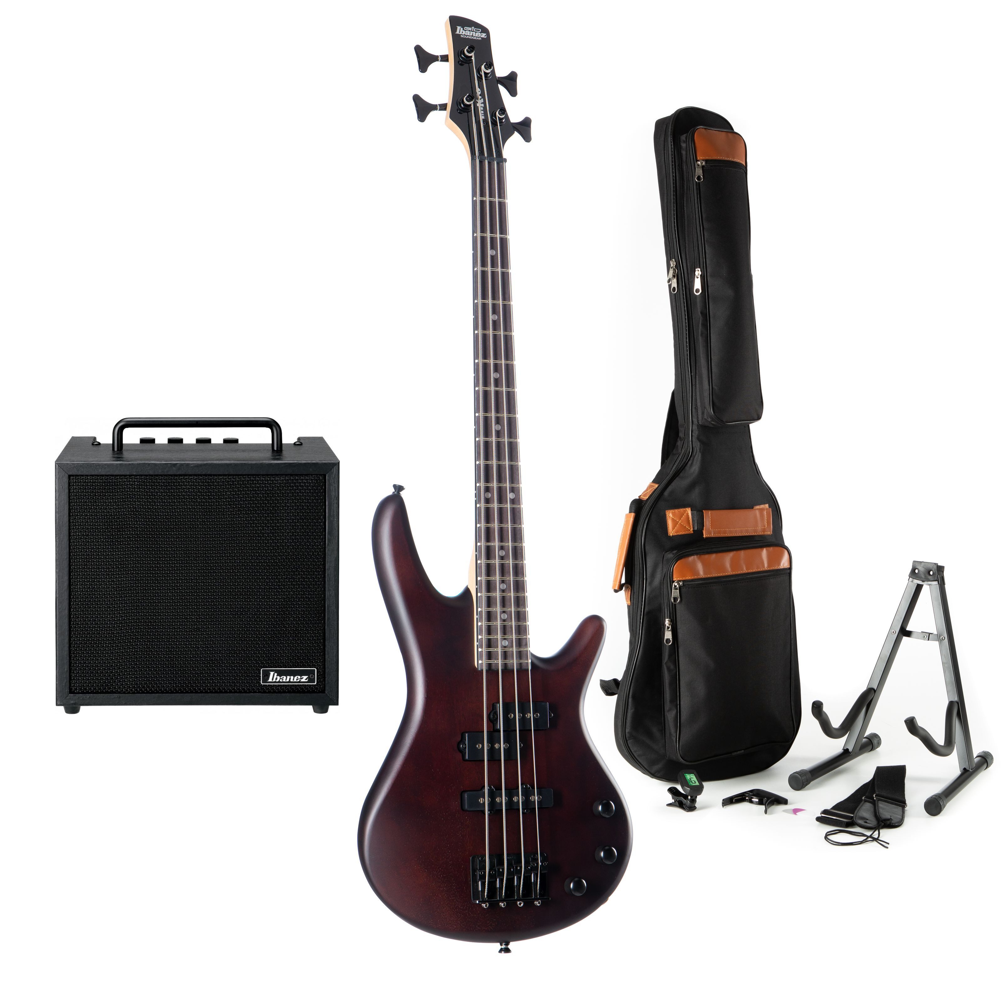 Ibanez E-Bass, E-Bass Set miKro GSRM20B-WNF mit Verstärker und Zubehör Soundgear Serie Pappelkorpus Ahornhals Jatoba Griffbrett Dynamix Tonabnehmer Shortscale Mensur Walnut Finish, E-Bässe, Bass-Sets, Gio miKro GSRM20B-WNF + IBZ10 - Pack basse électrique-Set