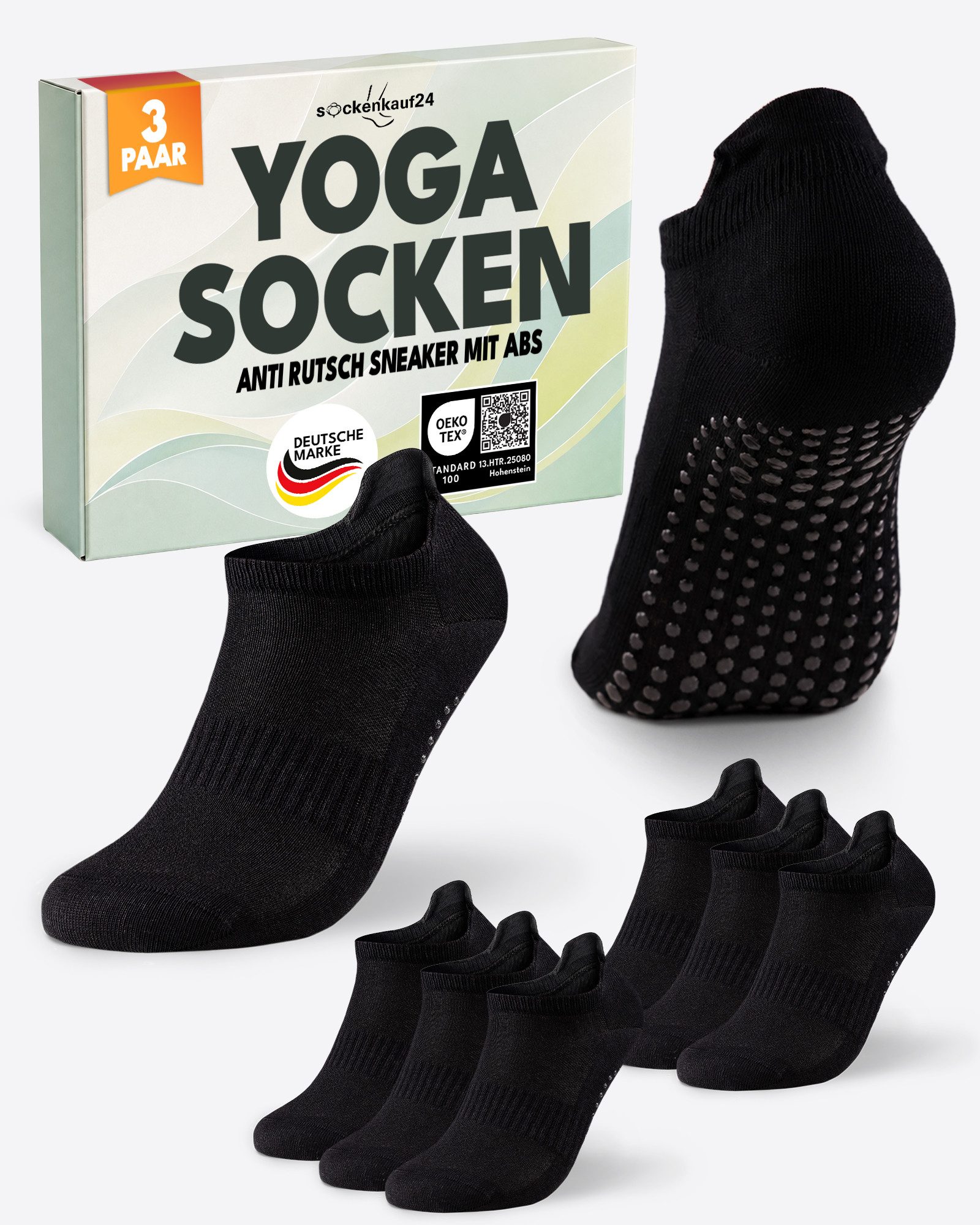 sockenkauf24 Sportsocken Pilates/Yoga Sneaker Socken Kurz mit ABS Sohle und Fersenlasche (3-Paar) mit rutschhemmenden ABS-Noppen