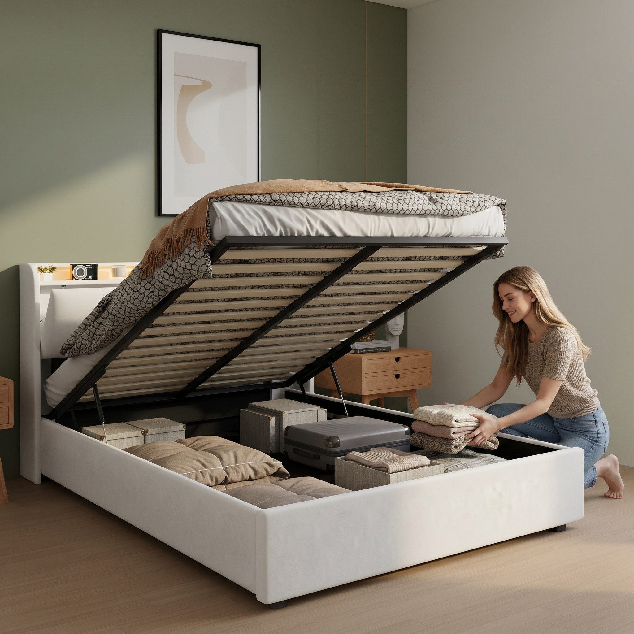PXloue Polsterbett LED Doppelbett, Bettkasten, Ladefunktion, Samt, 160x200 cm