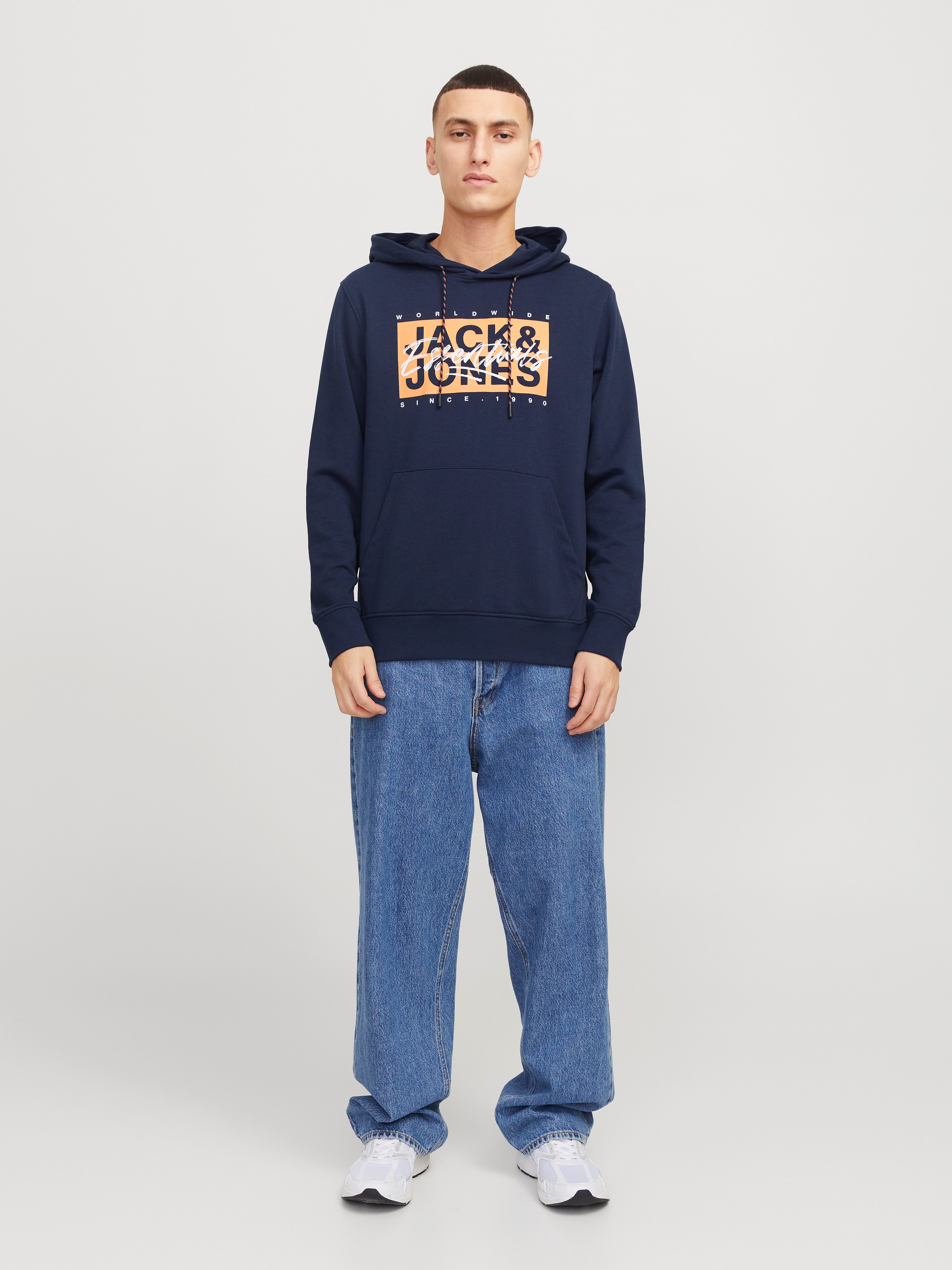 Jack & Jones Kapuzensweatshirt JJCOLTON – Sweater mit Print, Regular Fit und Materialmix bedruckt, modisch, regular fit, angeraute Sweatware, Kapuze