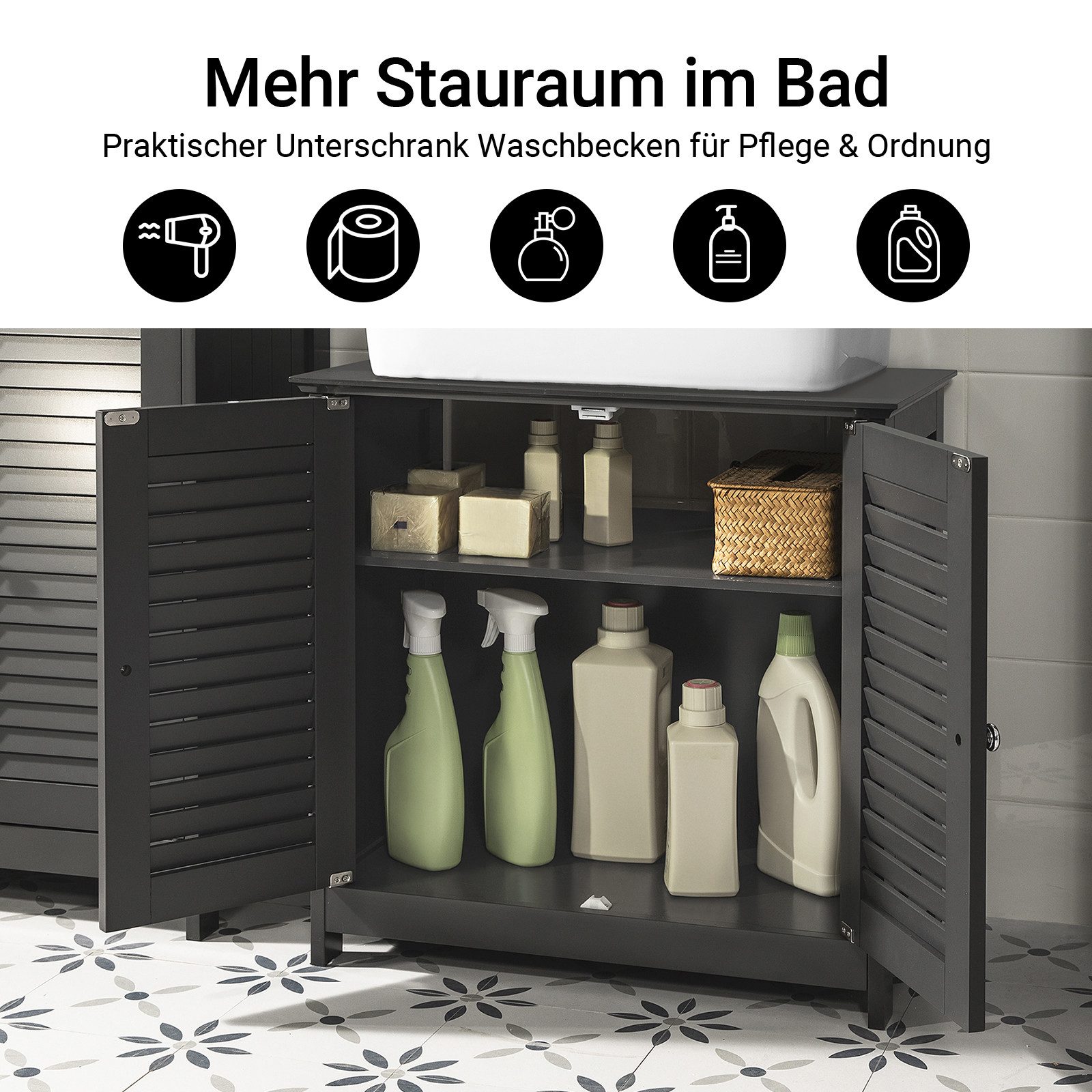 SoBuy Waschbeckenunterschrank FRG237, Waschtischunterschrank mit 2 Türen, verstellbare Ablage Badezimmerschrank Waschbeckenunterschrank Badschrank Unterschrank