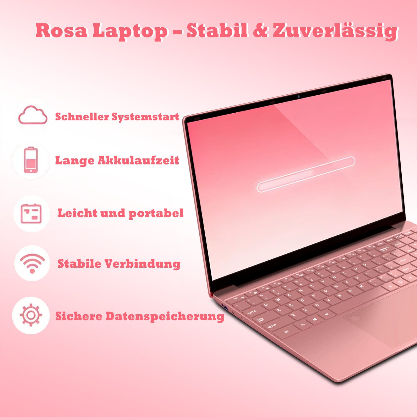 Molegar 15,6-Zoll Laptop für Studenten, Hintergrundbeleuchtete Tastatur Notebook (39,6 cm/15.6 Zoll, Intel Celeron 5205U, Intel® UHD Graphics, 8 GB, 256 GB SSD, Fingerabdruckleser, 180° Scharnier, 6000mAh lange Akkulaufzeit) rosa