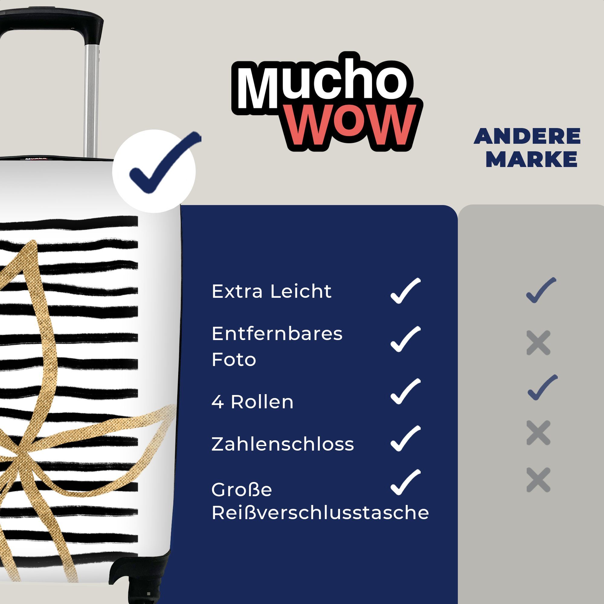 Blume Reisekoffer Trolley, mit Handgepäckkoffer Linie, Reisetasche rollen, für Rollen, 4 - Handgepäck - Ferien, Gold MuchoWow