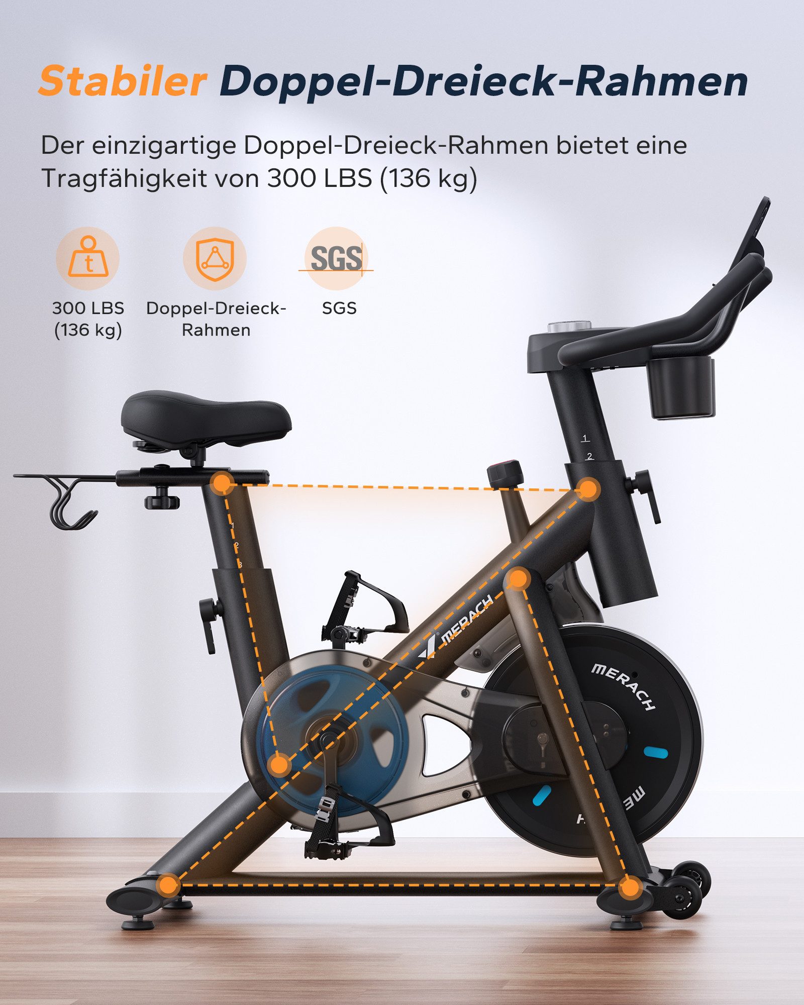 MERACH Heimtrainer Fahrrad mit Magnetischem Widerstand (Leises Bremsbelag/Hometrainer Fahrrad, mit Verbessertem LCD-Monitor, Hantelrack, Tablet-Halter), Verstellbare Sitz, Eigener App, 136KG Belastbar