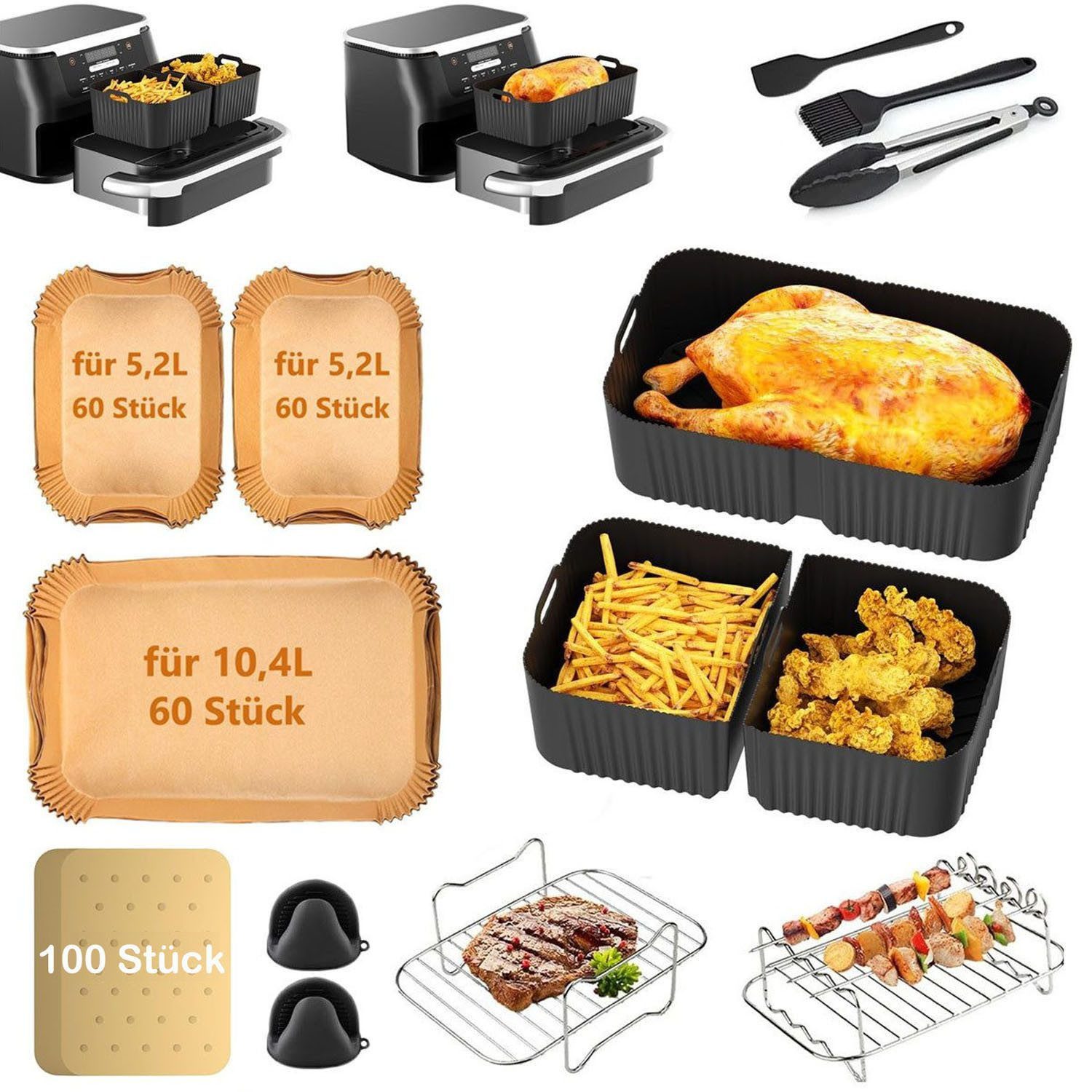 SURFOU Backform Airfryer Zubehör Backpapier für Ninja AF500EU Heißluftfritteuse 17St., (17-tlg Airfryer Zubehör set mit 10,4L, 5,2L Silikonformen, Grillgestelle, Spieß Rack, Zange, Spatel, Ölbürste, Handschuhe und backpapier, für Ninja Foodi AF500EU& AF500EUCP, ninja foodi flexdrawer 10,4L, 17-tlg), BPA-frei, 304Edelstahl, Lebensmittelechtes Silikon