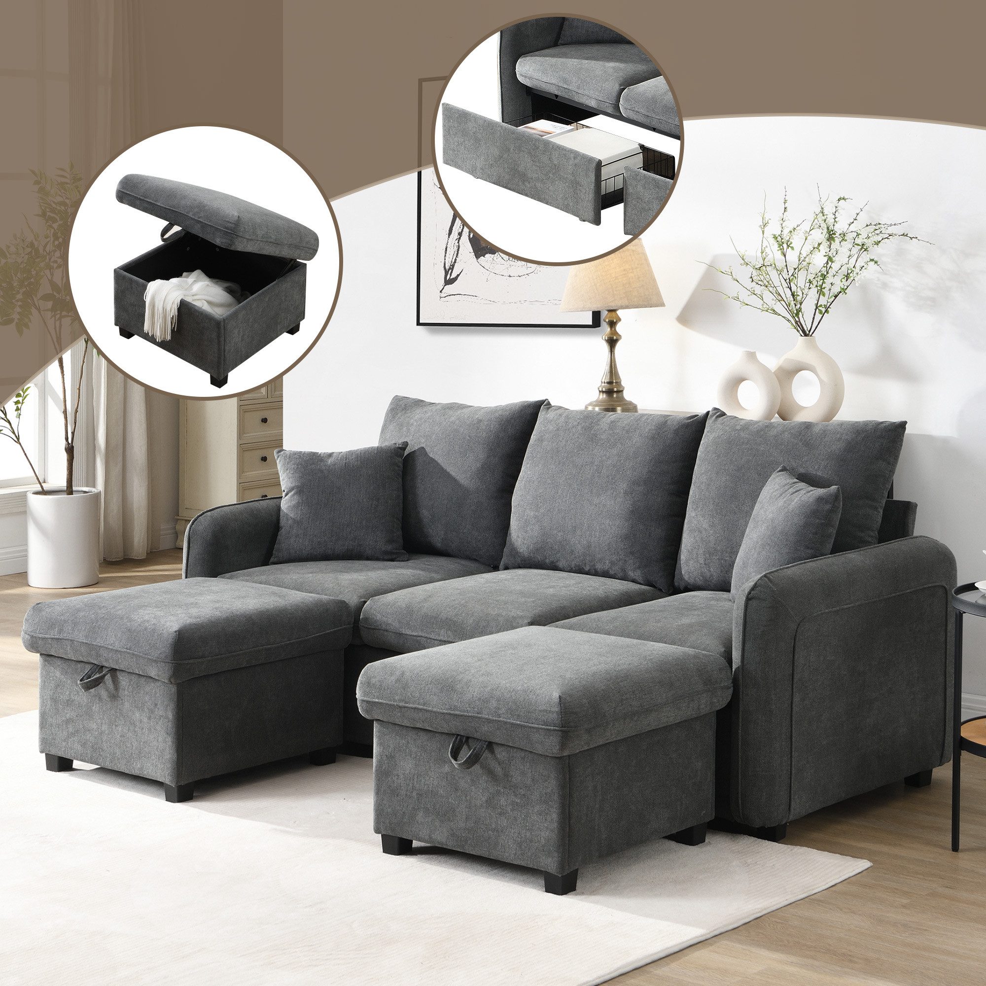 MODFU Ecksofa 3-Sitzer Sofa mit Stauraum, günstig online kaufen