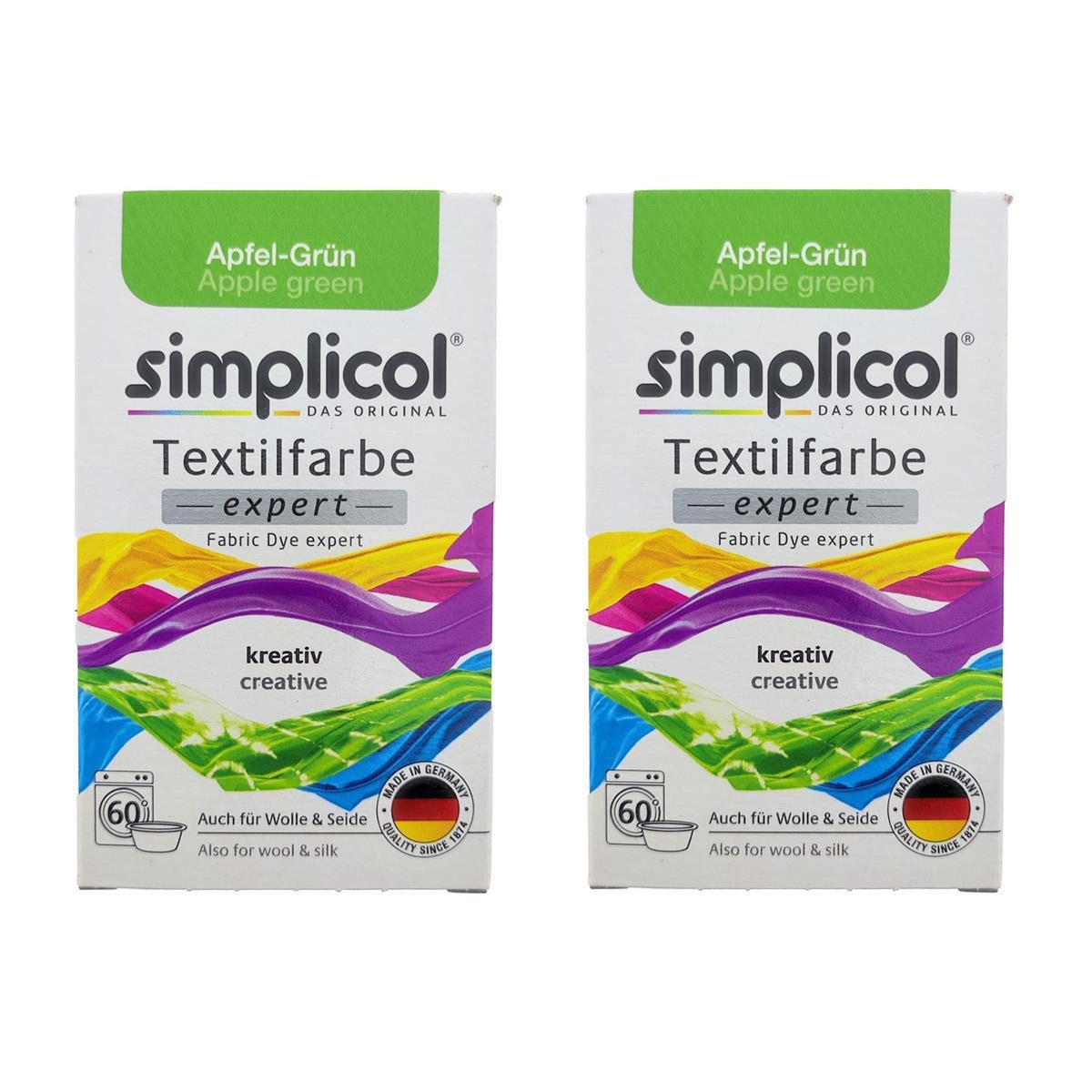 simplicol Textilfarbe Textilfarbe Expert Apfel-Grün 2er Pack 150g für Baumwolle Stoffe, Farberneuerung Textilfärbemittel Farbauffrischung Farbmischung Batik