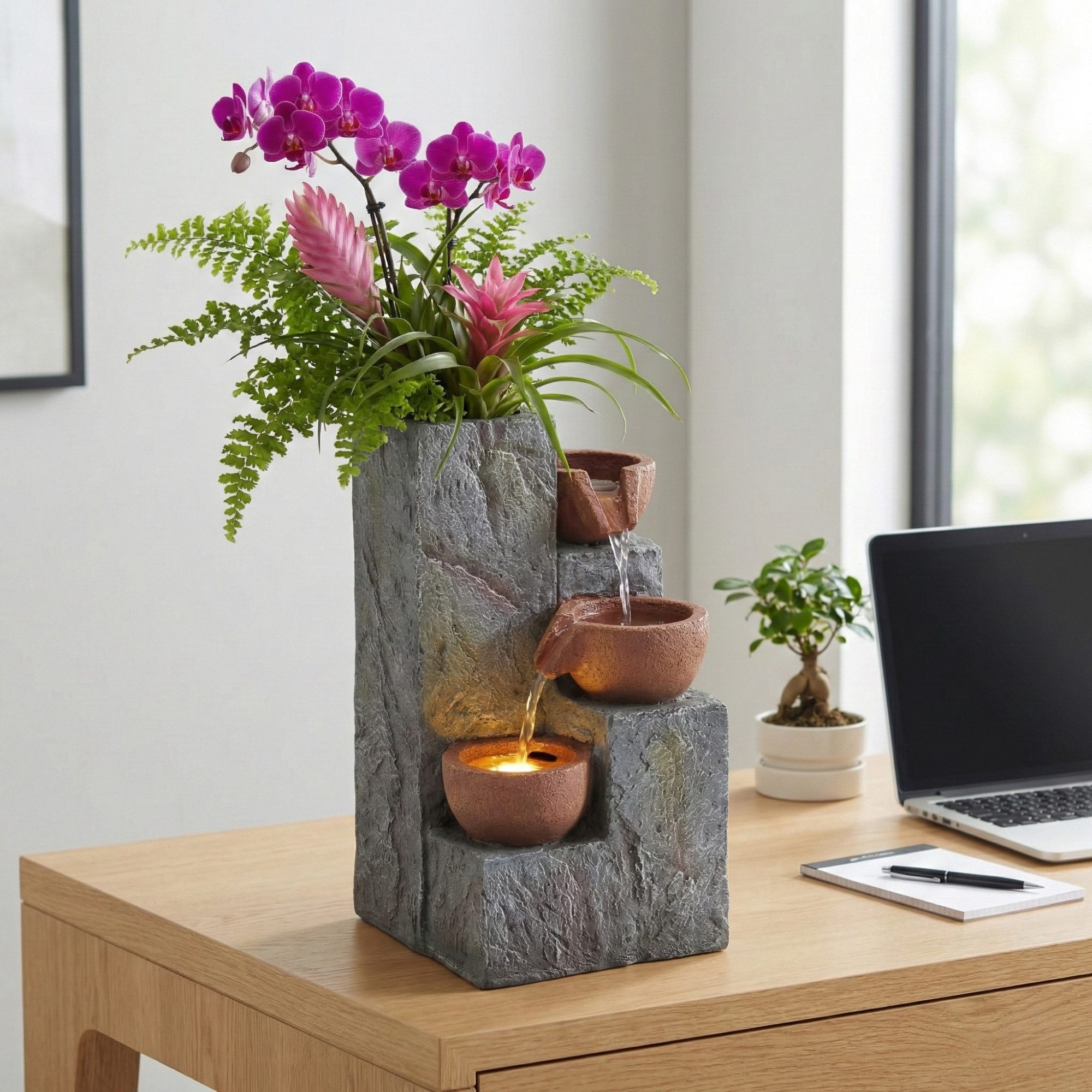 Flieks Gartenbrunnen, Wasserspiel LED-Beleuchtung Wasserpumpe mit fließendem Wasser