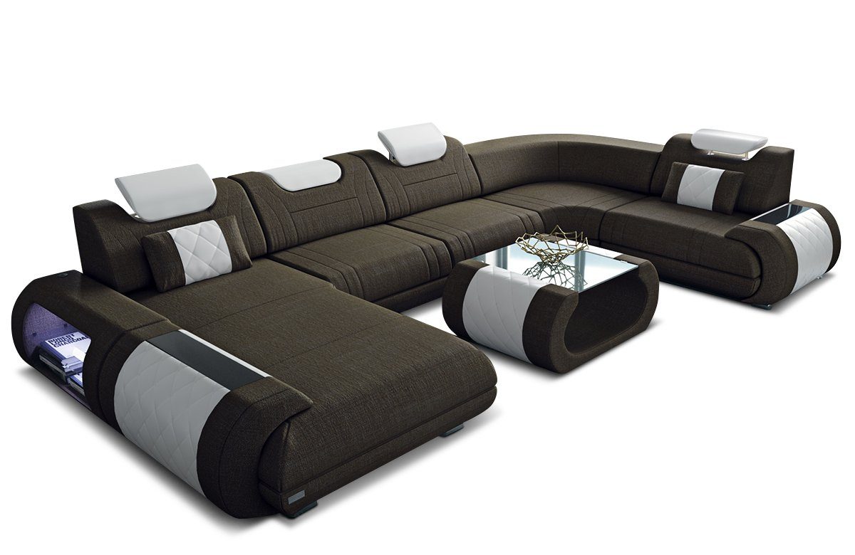 wahlweise U H Sofa Polster Wohnlandschaft Sofa Strukturstoff Form Bettfunktion Stoffsofa, Stoff mit Couch Rimini Dreams braun-weiß