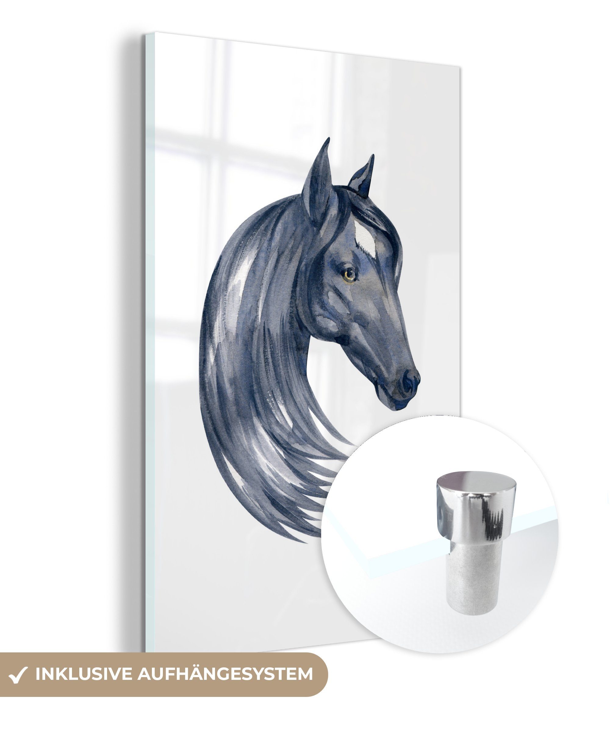 MuchoWow Acrylglasbild Pferd - Aquarell - Schwarz - Mädchen - Kinder - Mädchen, (1 St), Glasbilder - Bilder auf Glas Wandbild - Foto auf Glas - Wanddekoration | Bilder