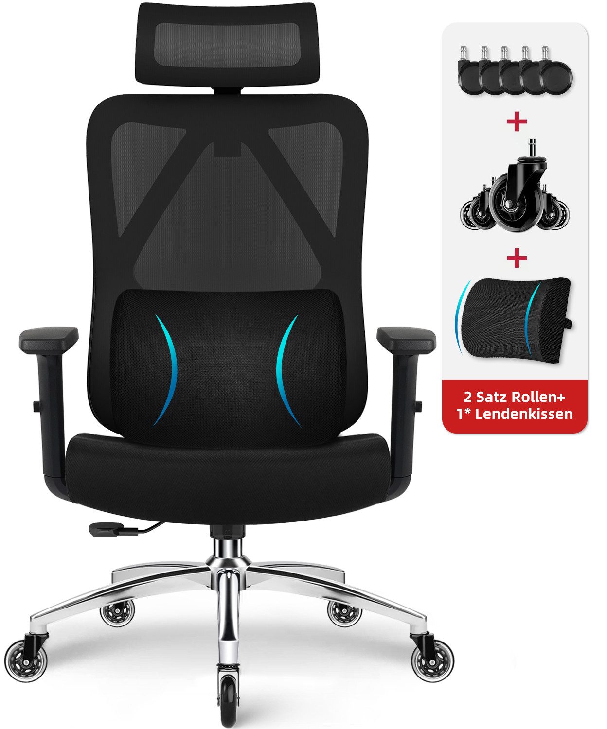 Lexzurn Bürostuhl Bürostuhl ergonomisch, Schreibtischstuhl 3D Memory-Schaum Lendenstütze (Wippfunktion bis 135°, Bis 200kg Belastbar, Atmungsaktiv Mesh), Höhenverstellbarer Chefsessel, Drehstuhl