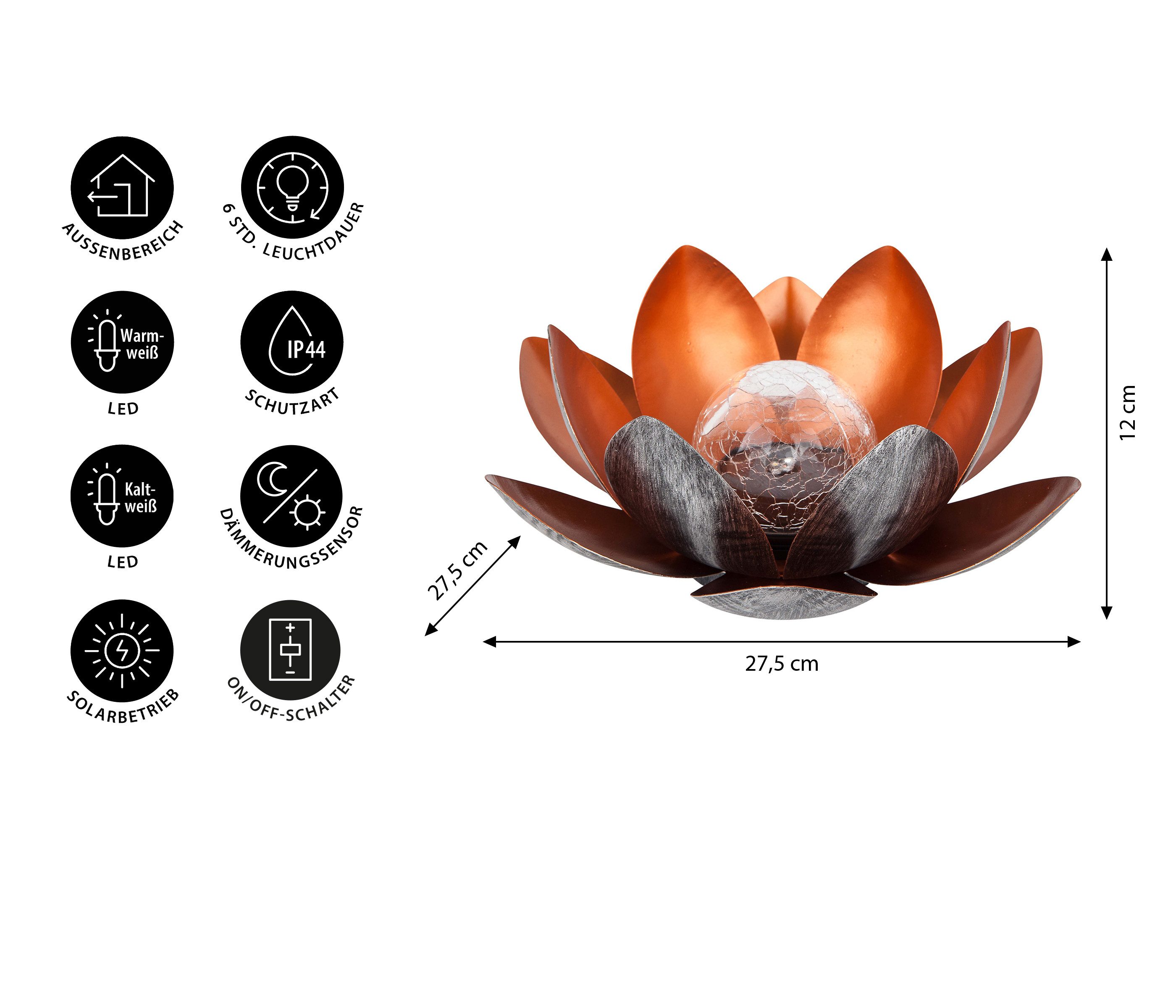 Dehner LED Solarleuchte Solarleuchte Lotus, warmweiß / kaltweiß, Ø 27.5 cm, Höhe 12 cm, Metall, Kaltweiß, Warmweiß, Kunstvolle Deko-Blüte mit Leuchteffekt