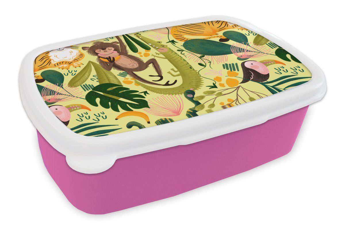 MuchoWow Lunchbox Tiere - Dschungel - Gelb, Kunststoff, (2-tlg), Brotbox für Erwachsene, Brotdose Kinder, Snackbox, Mädchen, Kunststoff rosa