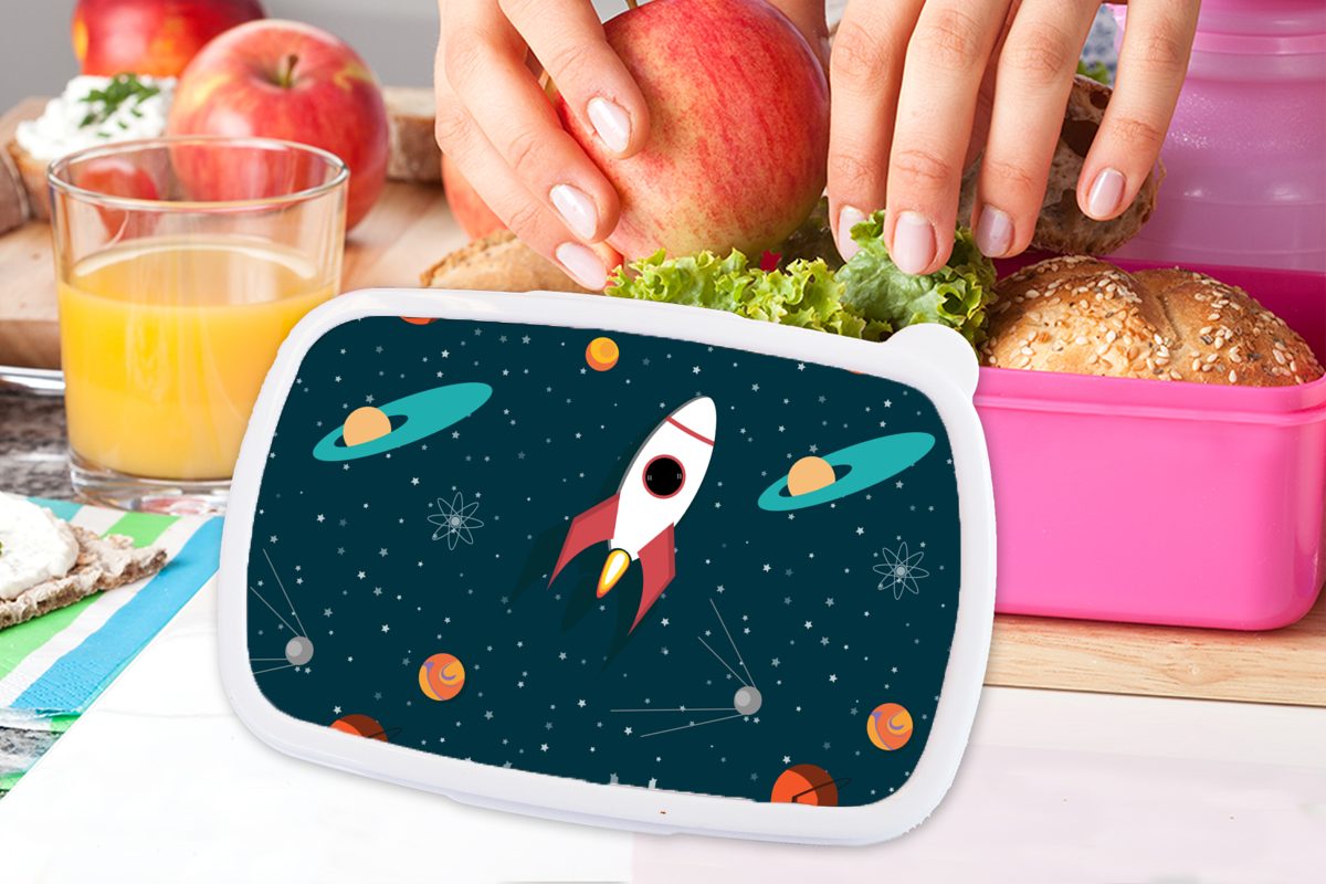 Rakete Erwachsene, Brotbox Design, MuchoWow Snackbox, Kinder Lunchbox Brotdose (2-tlg), rosa Weltraum Kunststoff - Kinder, - Mädchen, für Kunststoff, -