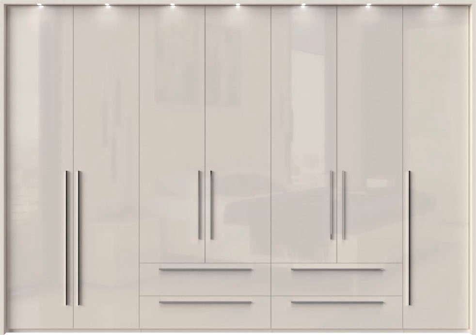 OTTO home Drehtürenschrank Piano, inklusive Rahmen und Beleuchtung, soft-close-Funktion (277 oder 322cm breit, 226cm hoch, mit 4 Schubladen) UV lackiert, hochglänzend weiß oder beige, FSC-zertifiziert