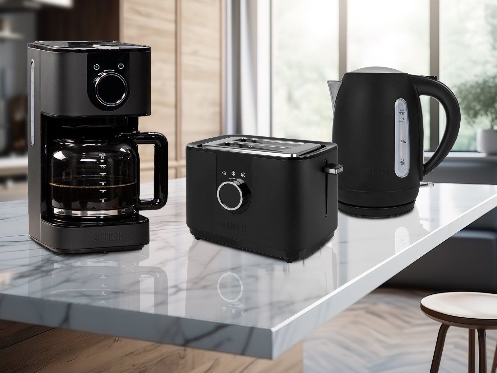 Kaffeemaschine Design PRINCESS Edelstahl Wasserkocher (3-tlg), Frühstück-Set Frühstücks-Set & Toaster Setpoint