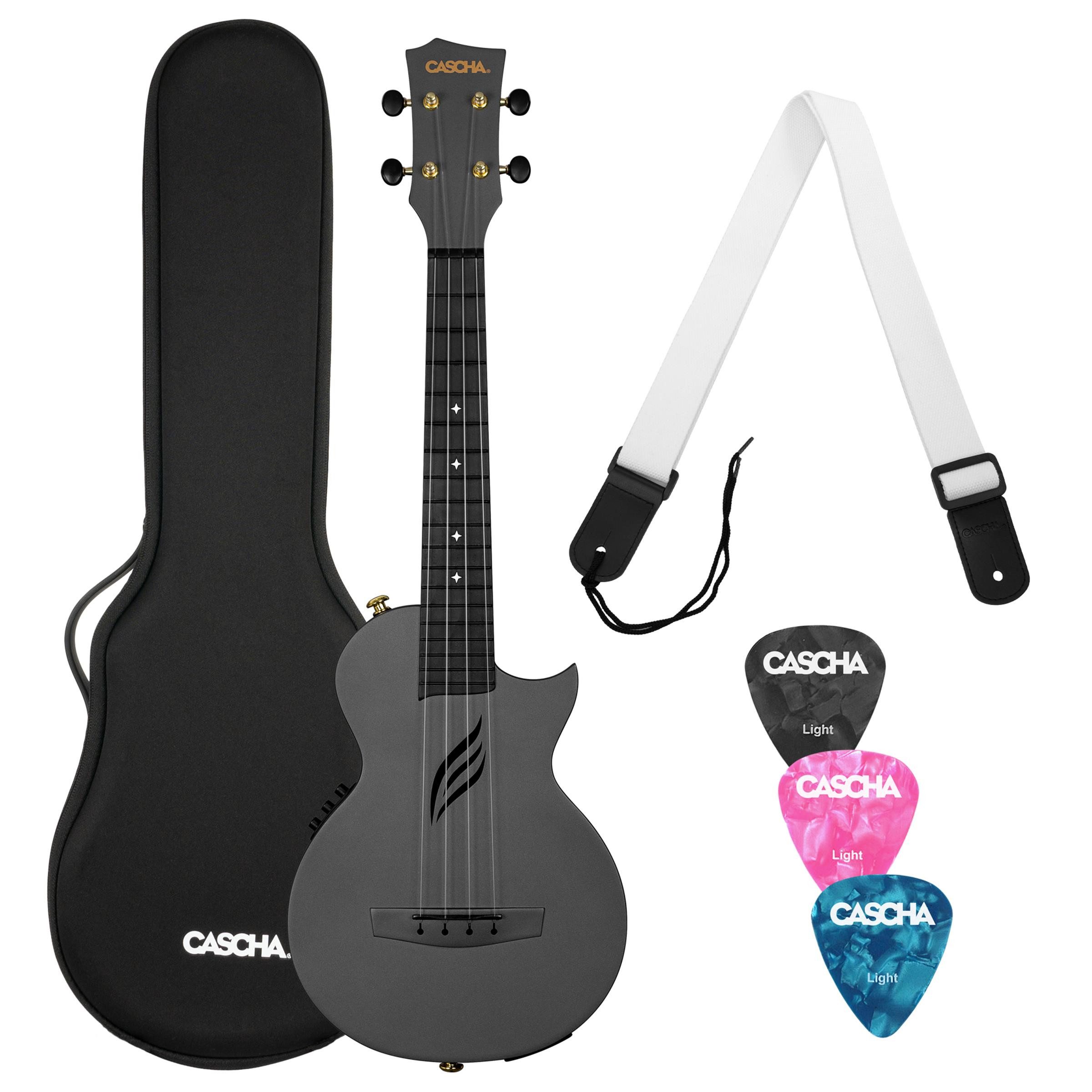 Cascha Ukulele HH2258E Kohlefaser Ukulele Set mit Tonabnehmer schwarz, Set, inkl. Soft-Case, Ukulelengurt, 3 Pleks und Stimmgerät
