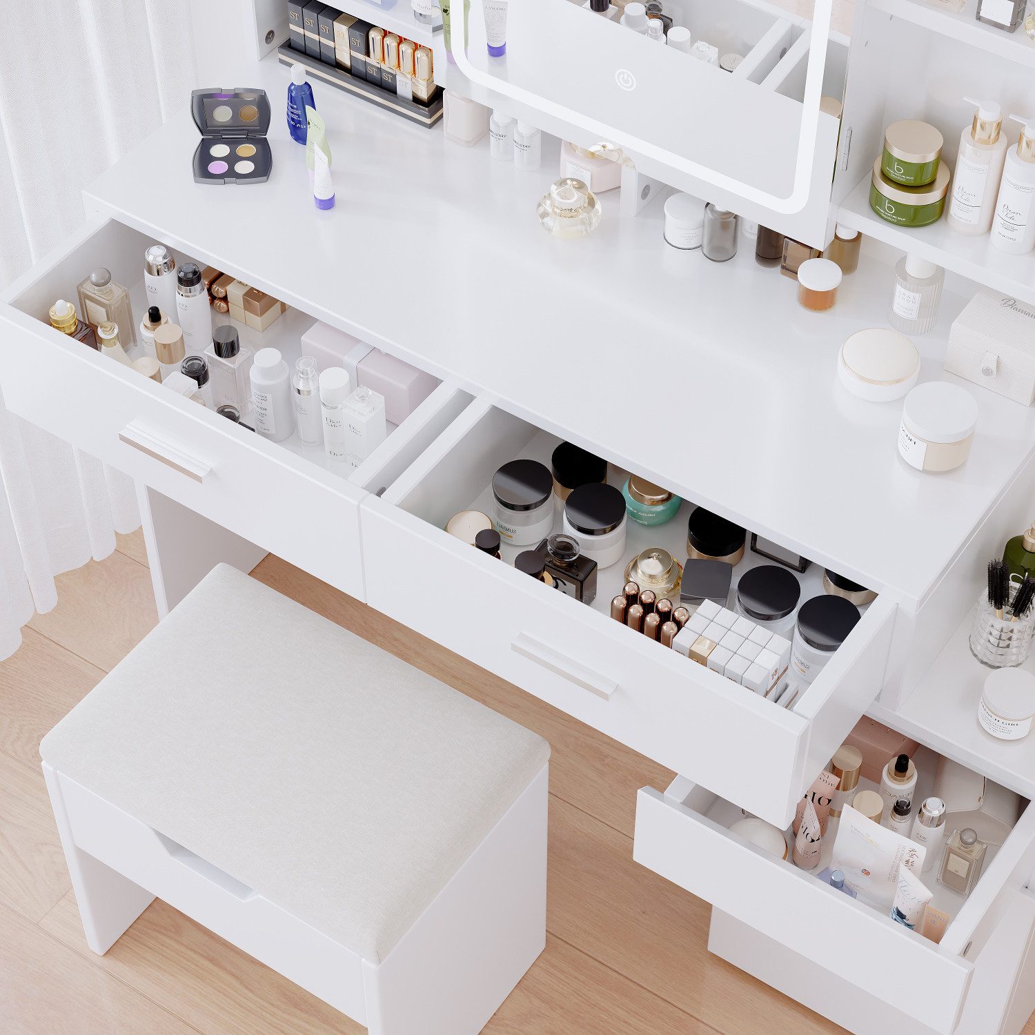 HOMALL Schminktisch Mit Spiegel und dreifarbigem LED-Licht 3 Schubladen 8 Ablagefächer (L*B*H) 117.5*40*140.5cm Moderner, minimalistischer Stil Reichlich Stauraum Stabile und langlebige Konstruktion)